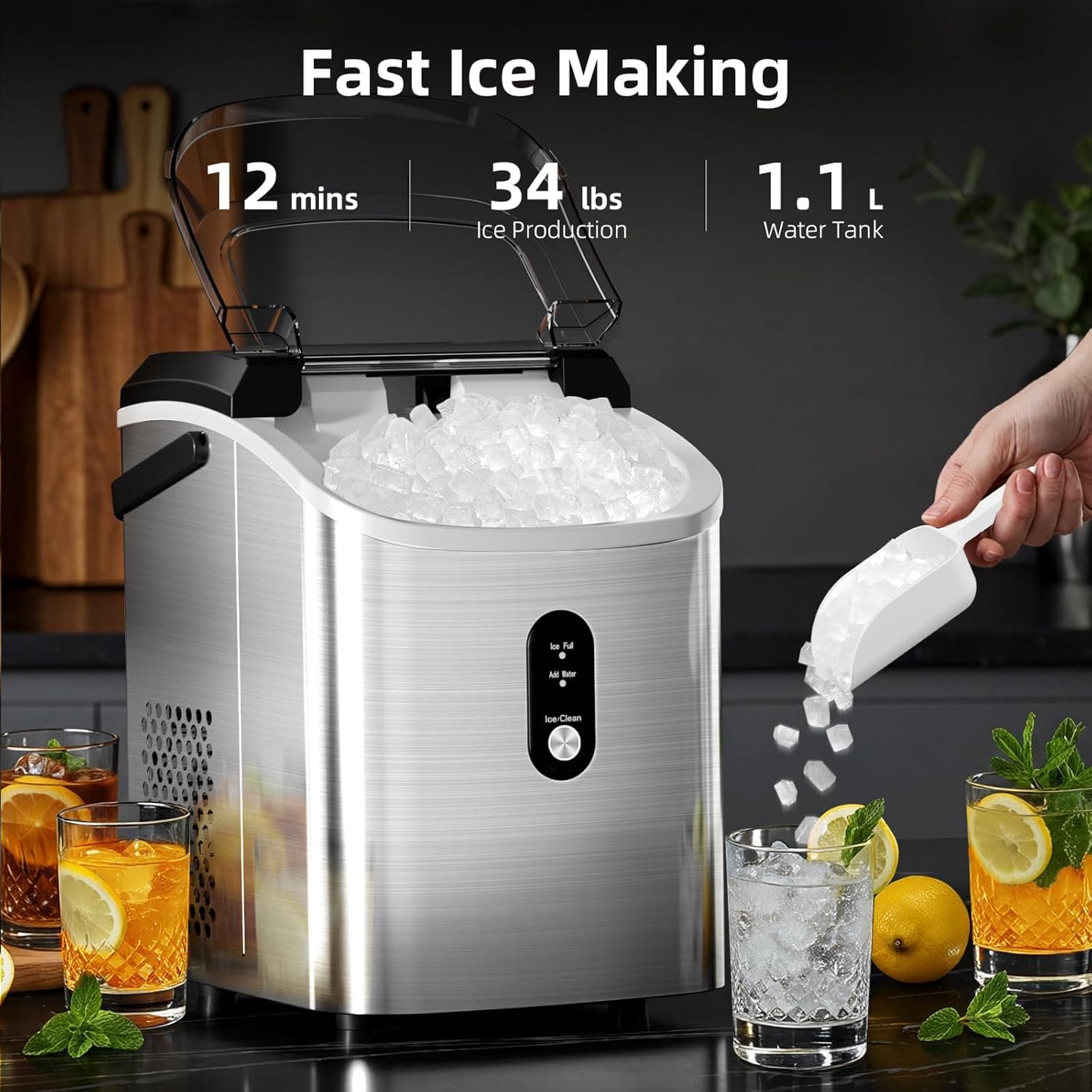 Antarctic Star Nugget Ice Maker Countertop with Soft Chewable Ice, Portable Sonic Ice Maker with Basket and Scoop, Removable Top Cover, Auto-Cleaning for Home/Party/RV/Camping (Stainless Steel Silver) 34Lbs/24H Silver 1 - Image 3