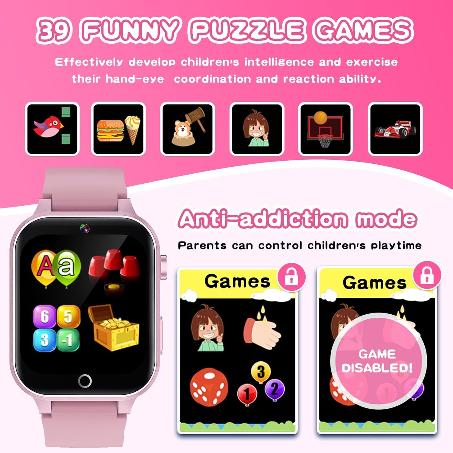 Kids Smart Watch Gift for Girls Age 5-12, 39 Games HD Touch Screen Watches with Video Camera Music Player Pedometer Flashlight 12/24 hr Educational Toys Birthday Gifts for Girls Ages 7 8 9 10 Pink - Image 5