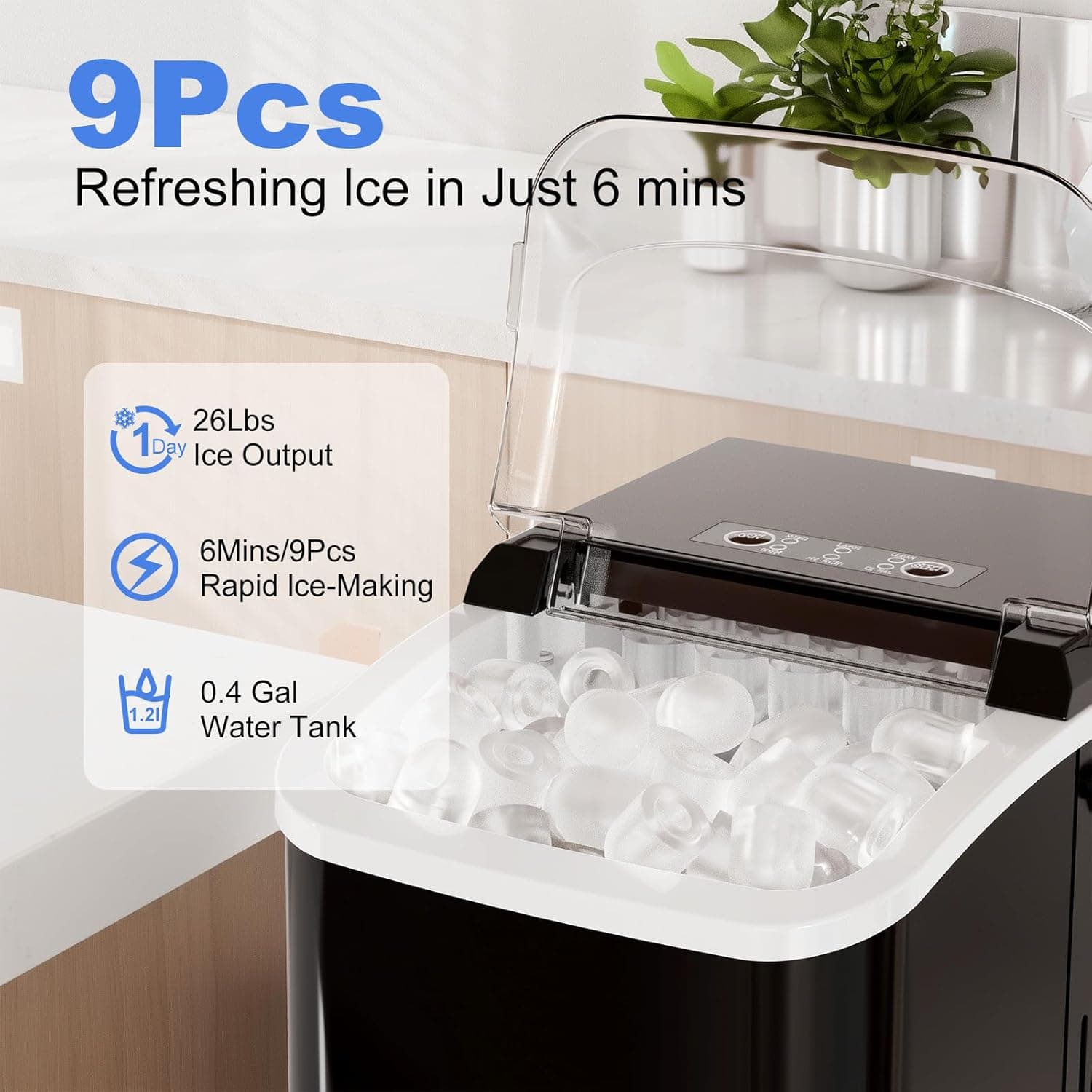 NEWBULIG Ice Makers Countertop with Handle, Portable Ice Machine, 9 Bullet Cubes in 6 Mins, 26lbs in 24Hrs, Auto-Cleaning, with Basket and Scoop, for Home, Kitchen, RV, Camping, Black Black Handle 12.5"*11.6"*8.8" - Image 4