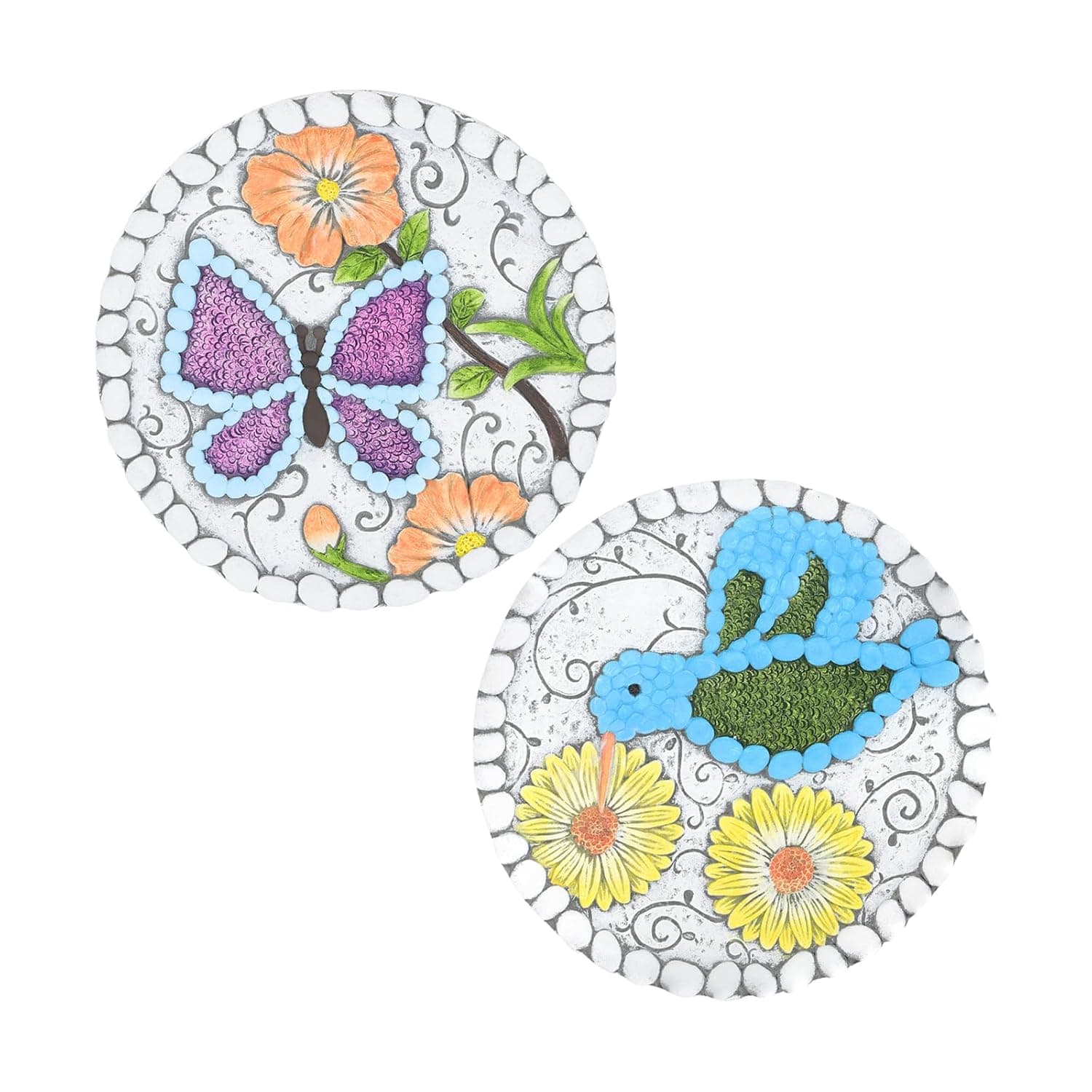 Garden Stepping Stones Set of 2 Butterfly Outdoor Garden Decor 10 inch Round Decorative Stones Pavers for Garden Walkway Landscaping, Hummingbird Gifts (N6-YYD334) 9.8 x 9.8 x 0.6 inches Butterfly Hummingbird - Image 3