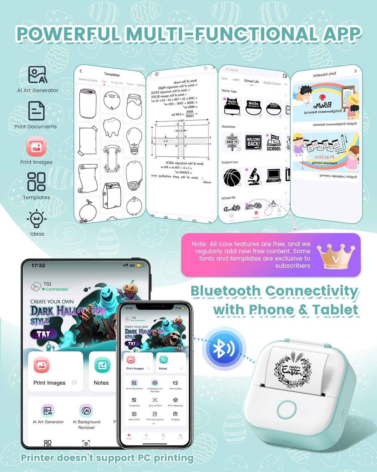 Memoking Mini Printer - T02 Sticker Printer Print Pods Portable Thermal Inkless Sticker Maker Bluetooth Pocket Impresora Portátil Instant Print for School Office Home for Study Note,Journal,DIY,Gift Green 1 Printer + 3 Rolls Paper - Image 5