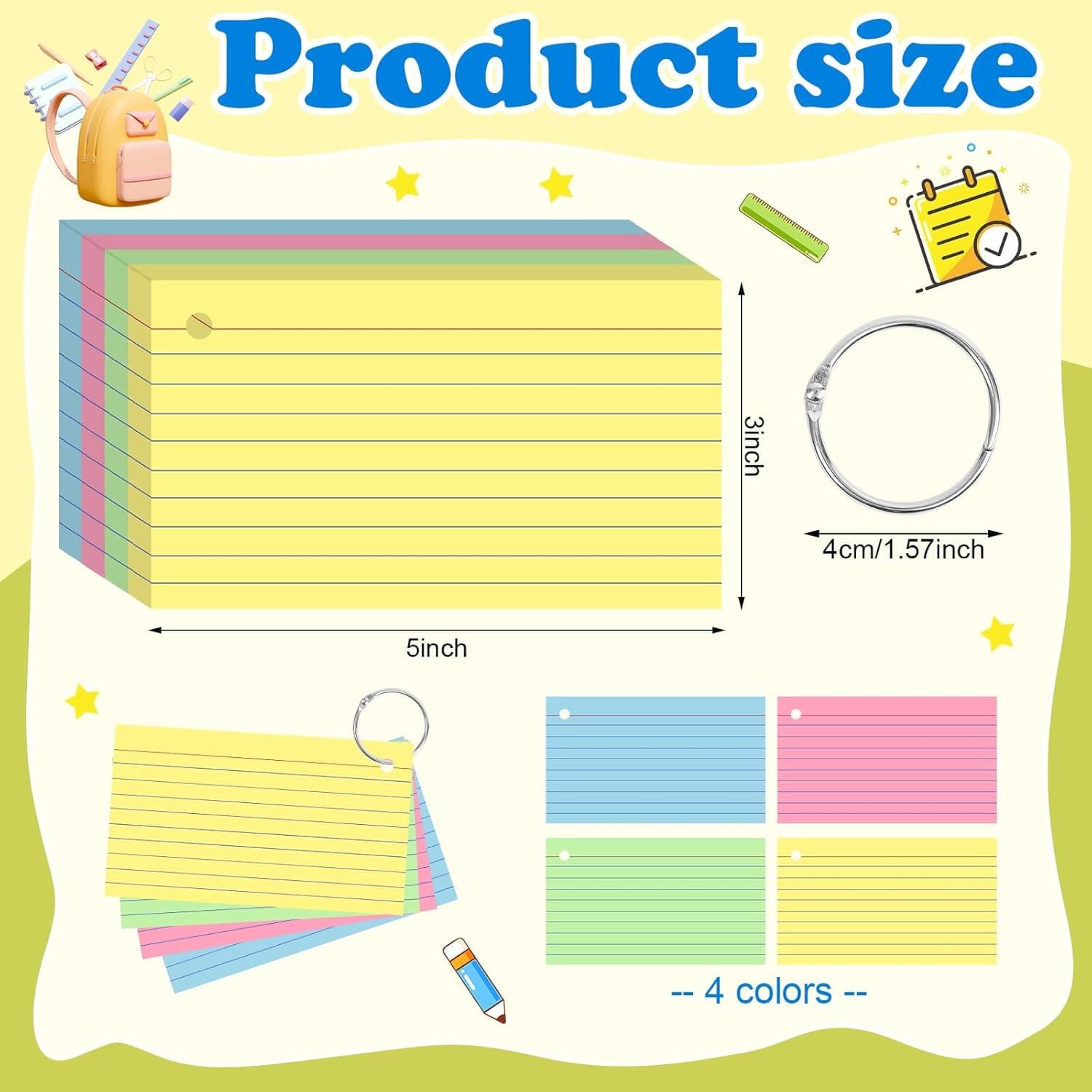Cartes Index Colorées 3x5 Pouces Cartes Flash Lourd avec Anneau Cartes Lignées pour Étudier Fournitures Scolaires Université, 200 Compte Multicolore 3x5 - Image 3
