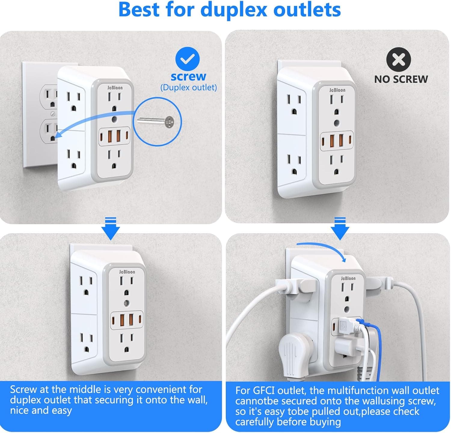 JcBlaon Outlet Extender Surge Protector - 6 Outlet Splitter with 4 USB Ports (2 USB C), Multiple Plug Expander Wall Charger, 3 Sided Multi Plug Wall Adapter Power Strip for Home Office Kitchen Travel White - Image 4