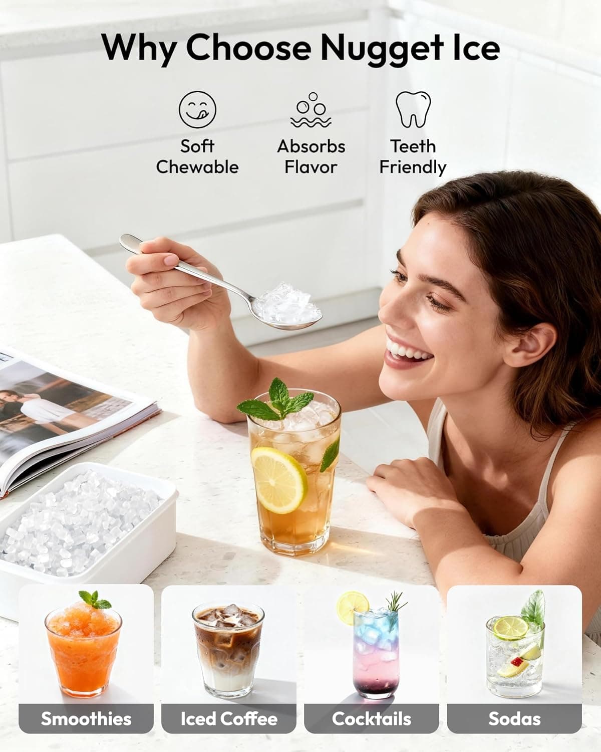 EUHOMY Nugget Ice Maker Countertop with Handle, Ready in 6 Mins, 35lbs Per Day, Removable Top Cover, Auto-Cleaning, Portable Sonic Ice Maker with Basket and Scoop, for Home/Party/RV/Camping - Image 4