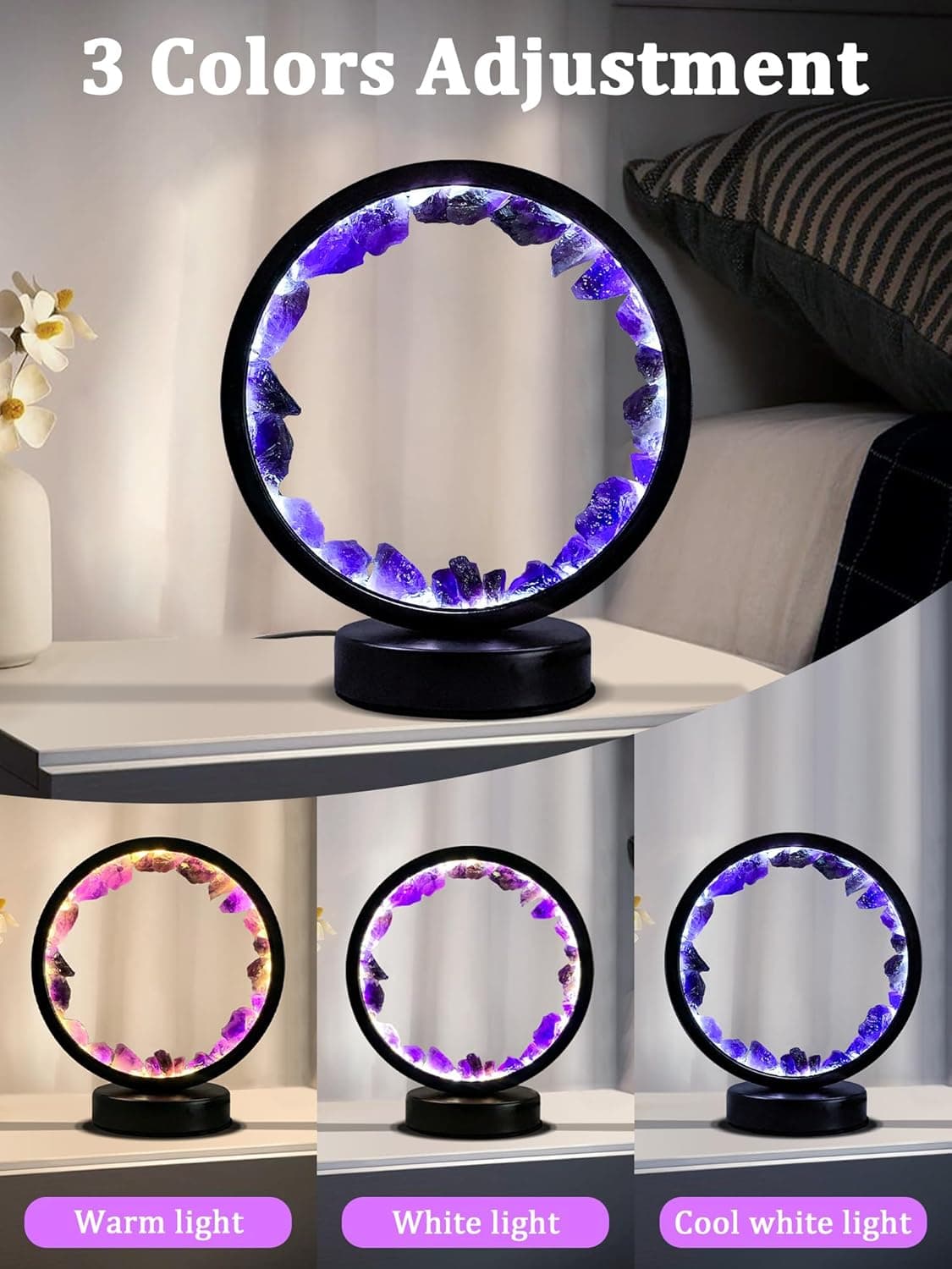 Amethyst Crystal Table Lamp, Natural Healing Crystals Bedside Lamp, 3 Colors Dimming Mode USB Port Night Light Energy Purple Crystal Lamp for Living Room Bedroom Home Decor Birthday Gift for Women - Image 4