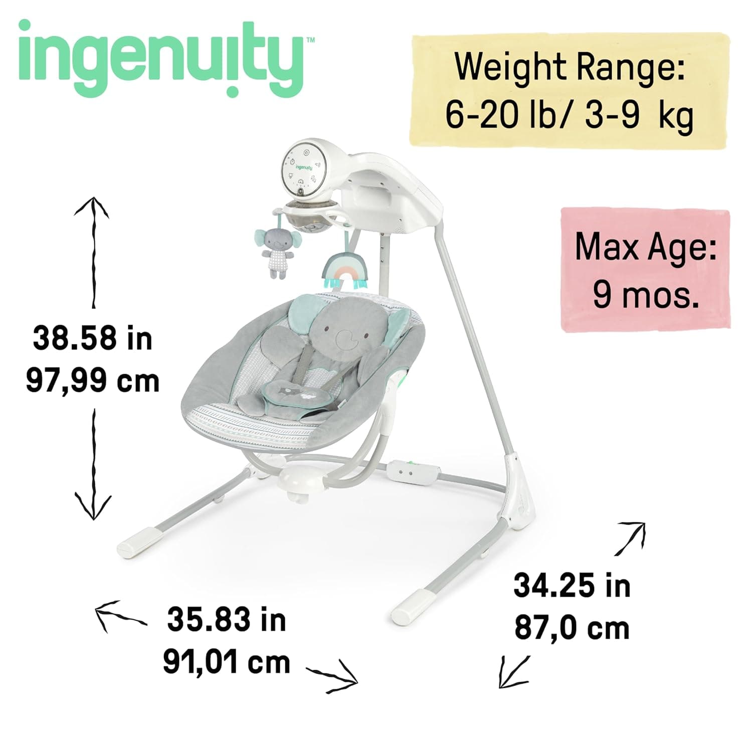 Ingenuity InLighten 5-Speed Baby Swing - Swivel Infant Seat, 5 Point Safety Harness, Nature Sounds, Lights - Van Elephant Van The Elephant - Image 7