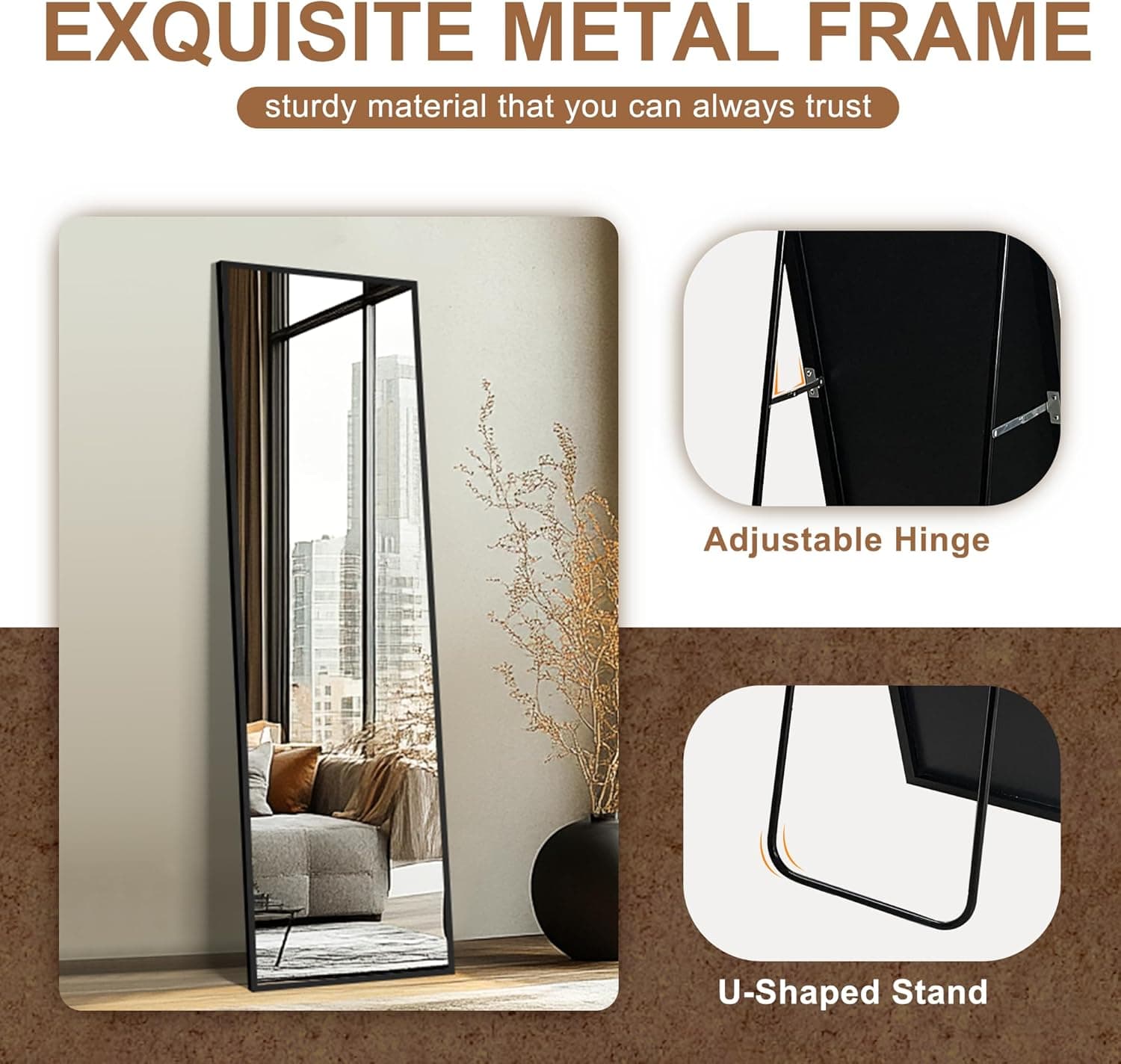 Delma Wall Full Length Mirror,Standing Mirror Full Body,Large Floor for Wall Door Bedroom Bathroom Living Room with Aluminium Frame(with Stand,56x15-Black) Rect Black 56"L x 15"W - Image 5