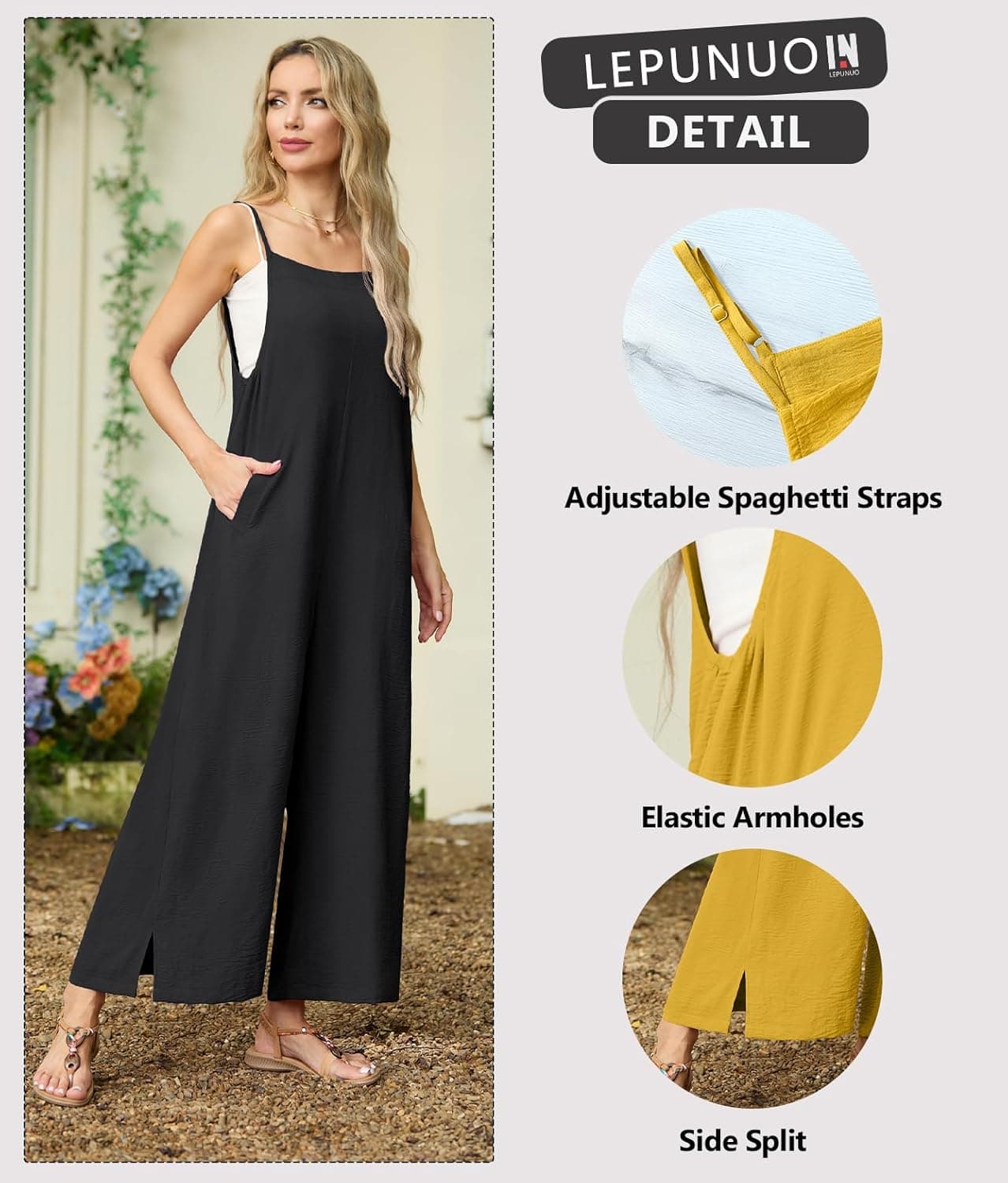 Lepunuo Womens Casual Loose Jumpsuits Summer Boho Wide Leg Rompers Sleeveless Overalls with Pockets A - Black Large - Image 3