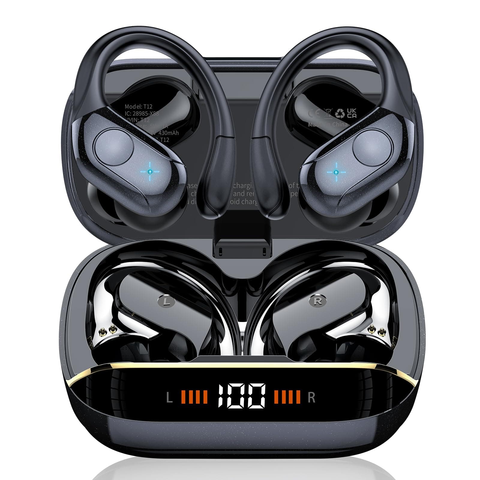 Tai Nghe Không Dây Bluetooth 5.4 Thời Gian Phát 75H Âm Thanh Stereo Bass Sâu Tai Nghe Thể Thao Có Móc Đeo, Tai Nghe Bluetooth Hiển Thị LED Với 4 Mic ENC, Tai Nghe Chống Nước IP7 Dành Cho Tập Luyện/Chạy Bộ, Màu Đen