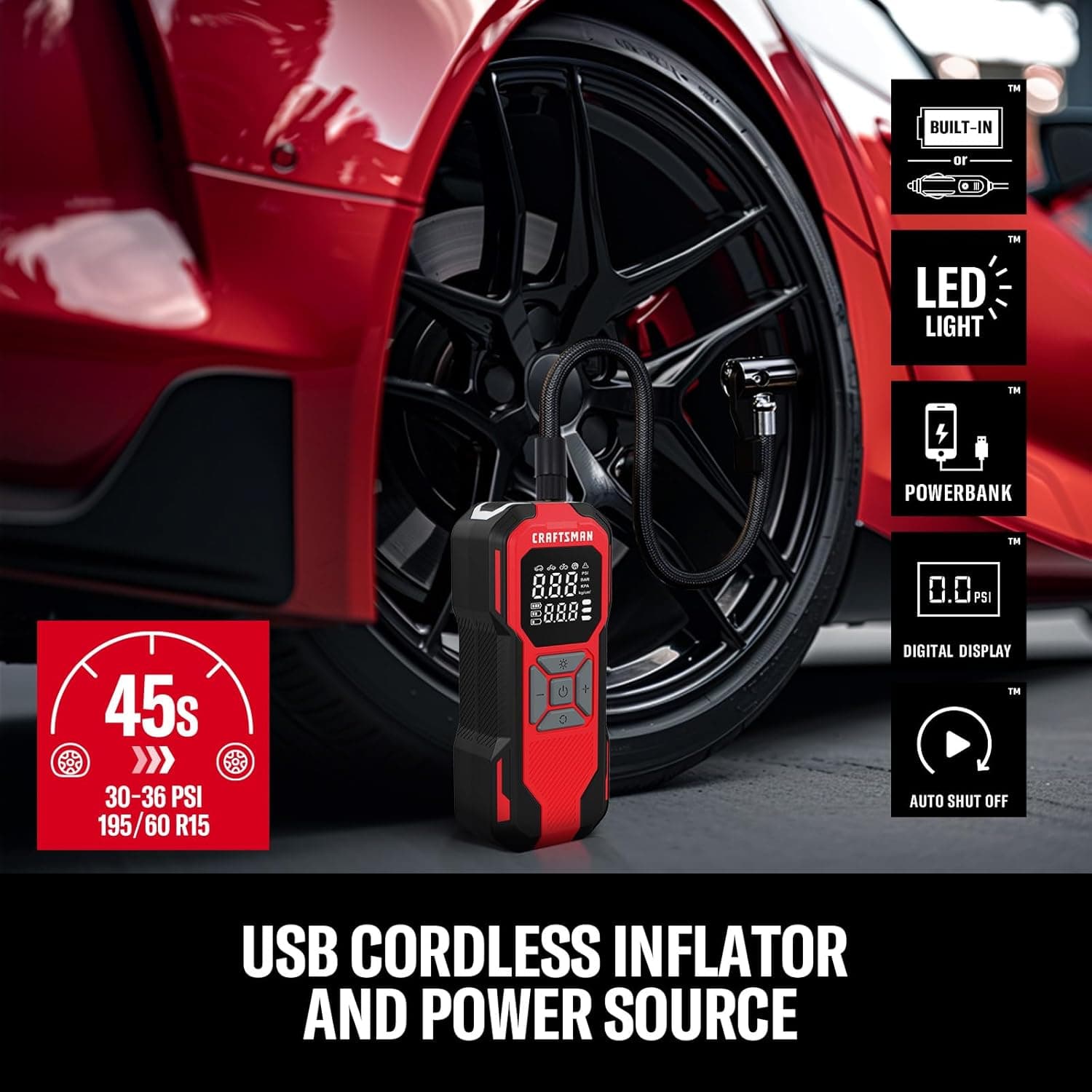 CRAFTSMAN Tire Inflator Portable Air Compressor, Cordless Mini Air Pump for Car Tires with Digital Tire Pressure Gauge, 6000mAh Battery Powered Air Pump, Max Pressure 150 PSI, 12V DC Corded - Image 2