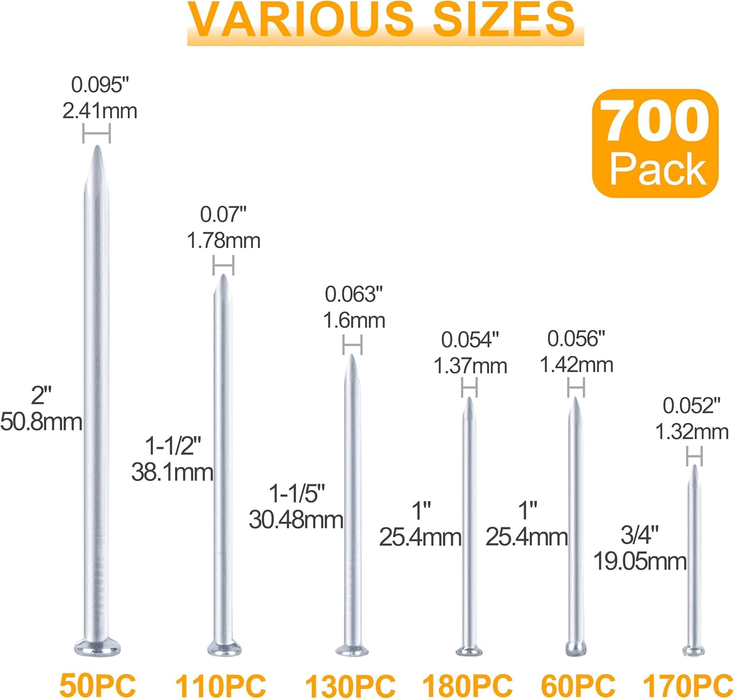 KURUI 700pcs Hardware Nails for Hanging Pictures, Up to 2"-Long Finish Nails Assortment Kit for Wall Art Decor, 640 Frame Nails and 60 Small Finishing Nails for Drywall Wood - Silver Picture Hangers 700Pcs Galvanized Nails - Image 3