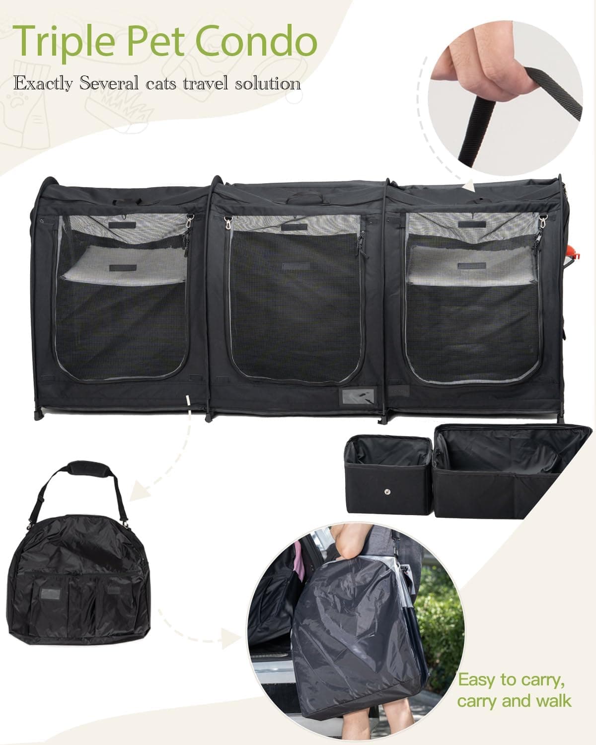 Portable Three Compartment Show House Cat Cage Condo - Easy to Fold & Carry Kennel - Comfy Puppy Home & Dog Travel Crate with Portable Carry Bag,2 Hammocks,3 Mats and Collapsible Litter Boxs Black - Image 10