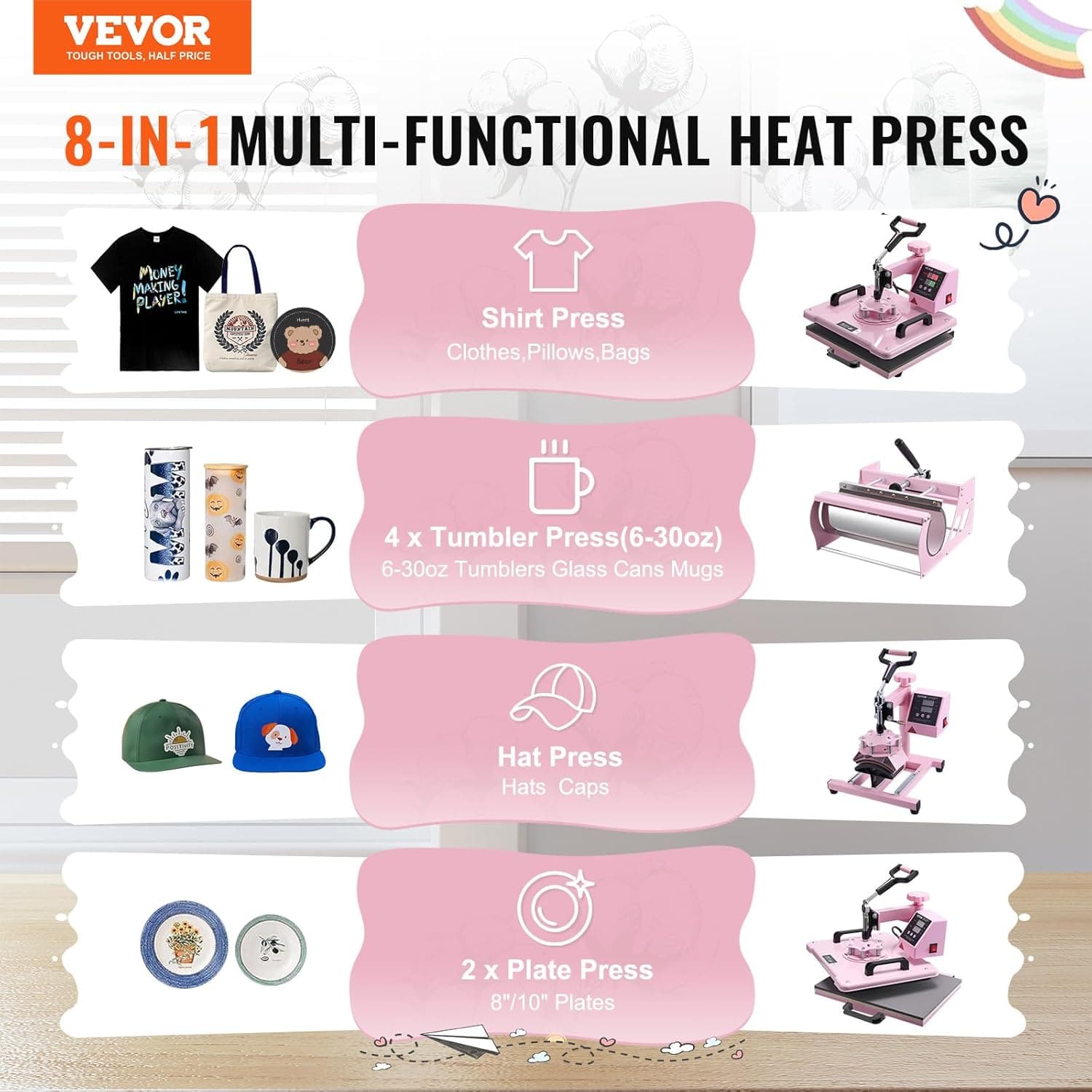 VEVOR Heat Press Machine 5 in 1 Combo with 30 OZ Tumbler Press & Hat Press, Slide Out 12x15 Inch Heat Press Sublimation Machine for T-Shirts, Hats Caps Tumblers Glass Cans Mugs, and Plates (Pink) 5 in 1 Pink-12x15-30 oz - Image 3