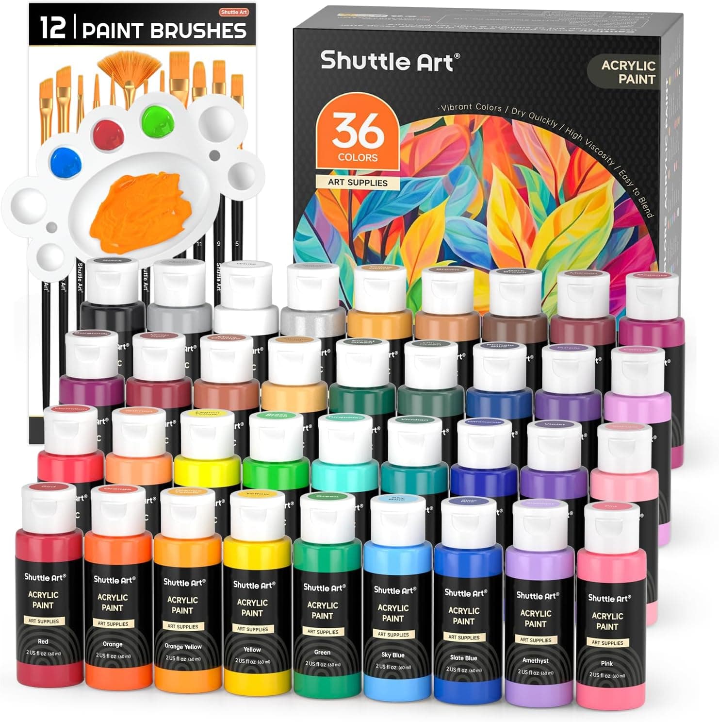 Shuttle Art Acrylic Paint Set, 36 Colors Acrylic Paint with Brushes & Palette, 2oz/60ml Bottles, Rich Pigments Non-toxic for Artists Kids & Adults, Painting on Canvas Rock Ceramic Wood Regular 2 Fl Oz (Pack of 36) - Image 2