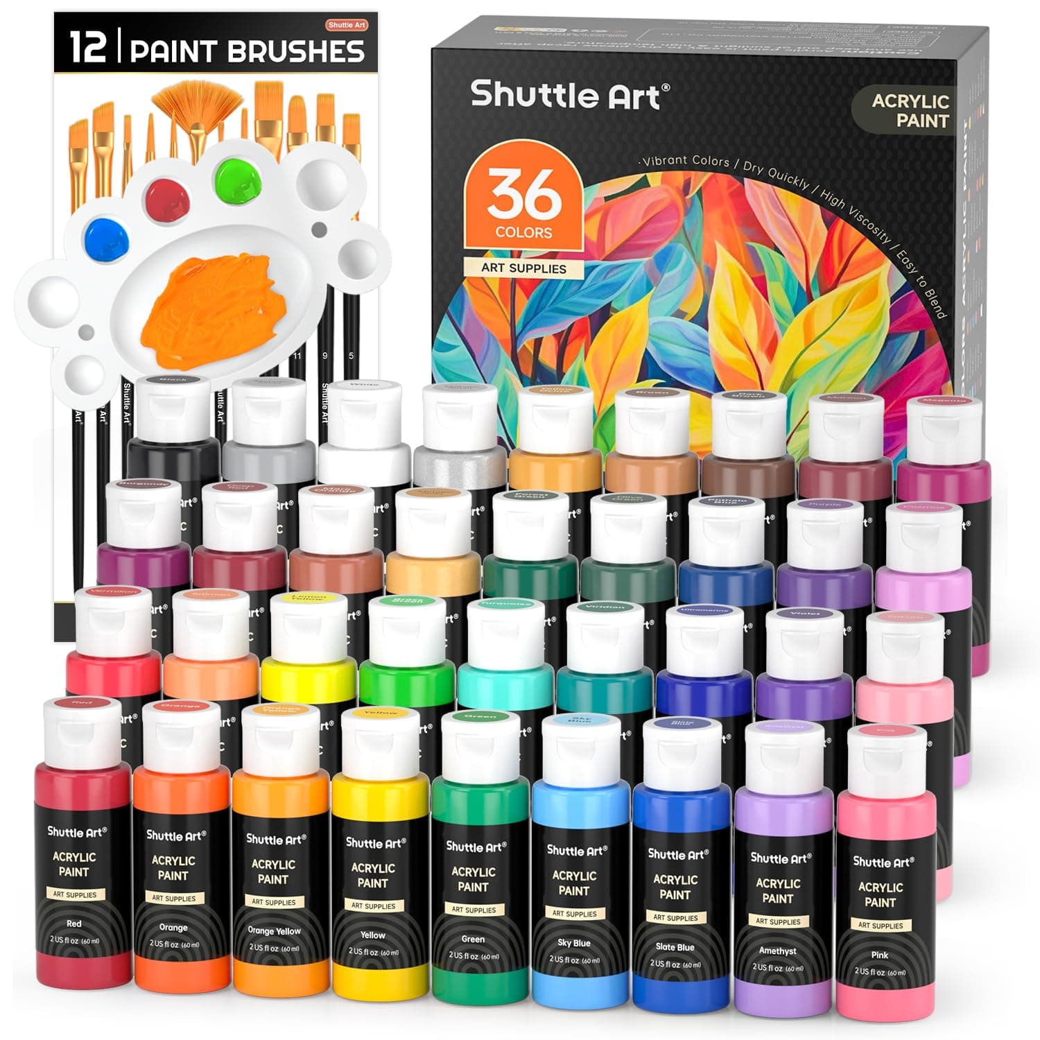 Shuttle Art Acrylic Paint Set, 36 Colors Acrylic Paint with Brushes & Palette, 2oz/60ml Bottles, Rich Pigments Non-toxic for Artists Kids & Adults, Painting on Canvas Rock Ceramic Wood Regular 2 Fl Oz (Pack of 36)