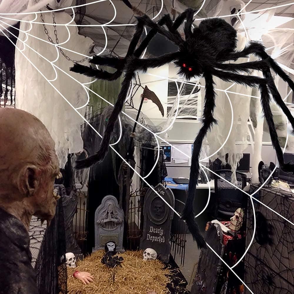 OCATO 200" Halloween Spider Web + 59" Giant Spider Decorations Fake Spiders with Triangular Huge Spiders Web for Indoor Outdoor Halloween Decorations Yard Home Costumes Parties Haunted House Décor 1-Original - Image 4