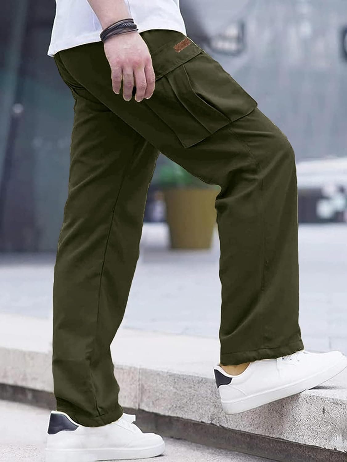 Comdecevis Men's Casual Cargo Pants Workout Joggers Stretch Sweatpants Hiking Drawstring Tactical Pants with Multi Pockets Medium Army Green - Image 7