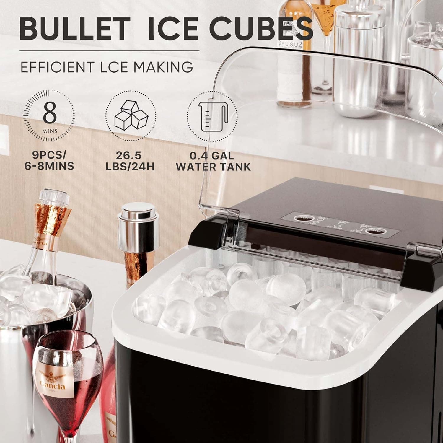 DUMOS Countertop Ice Maker with Handle, 26lbs/24H Portable Ice Machine, 9 Bullet Ice Cubes Ready in 6 Mins, Self-Cleaning, Quiet Compact Ice Maker for Home, Kitchen, RV, Camping, Black Black 12.5"*11.6"*8.8" - Image 2