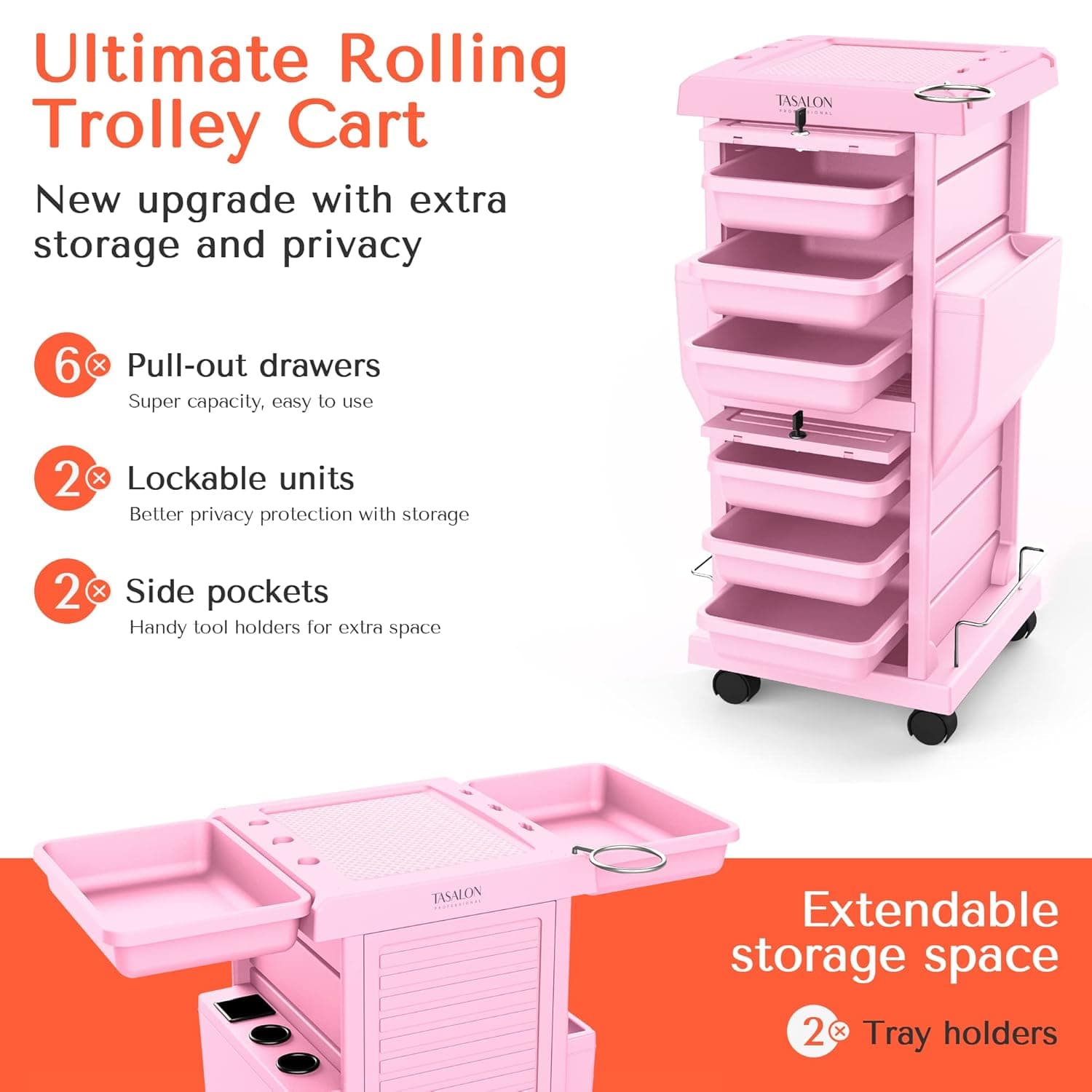TASALON Professional Salon Trolley Cart, Lockable 6 Trays & 2 Holders, Space Saving Mobile Storage for Hair Salon and Beauty Station​ - Pink - Image 3