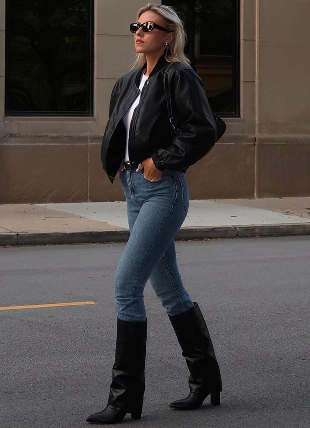 Modatope Knee High Boots Women Fold Over Knee High Boots Chunky High Heels Long Boots Zipper Pointed Toe Dress Tall Boots for Women 7 Black Pu - Image 4