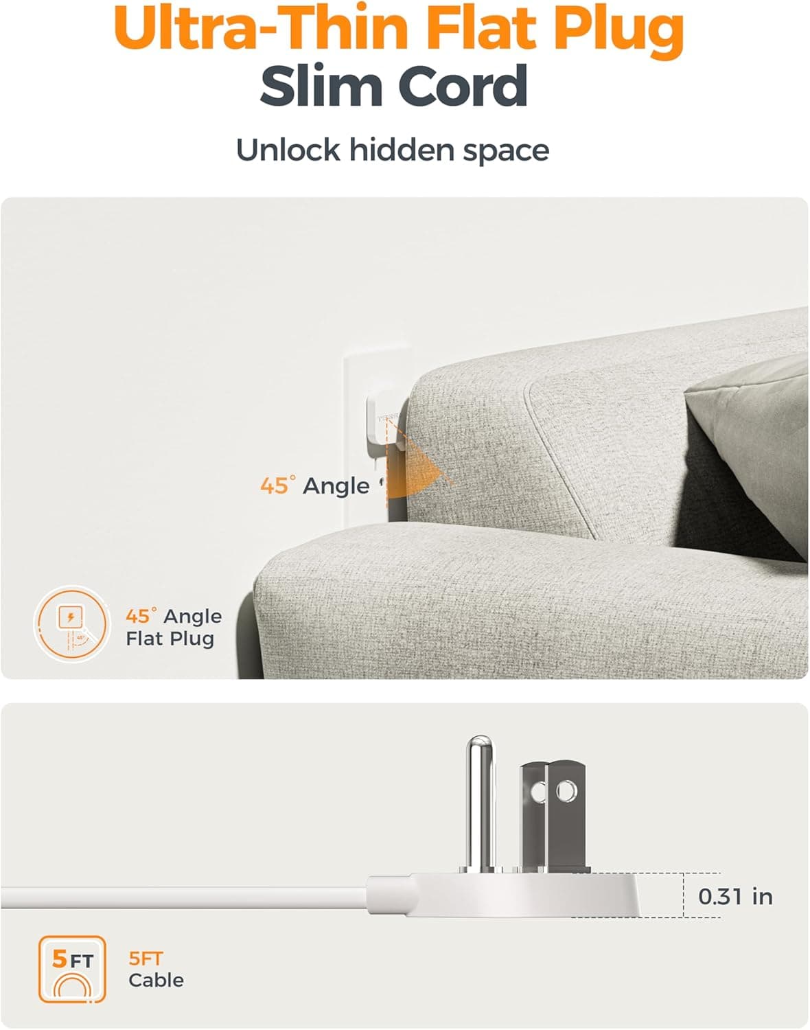 TESSAN Flat Plug Extension Cord 5 FT, Surge Protector Power Strip with 4 AC Outlets 1 USB C and 2 USB A Ports, 900 Joules Protection, 1250W, Multiple Wall Outlet Extender Suitable for Home Office Dorm 5 FT (1 USB-C, 2 USB-A) Gray - Image 3