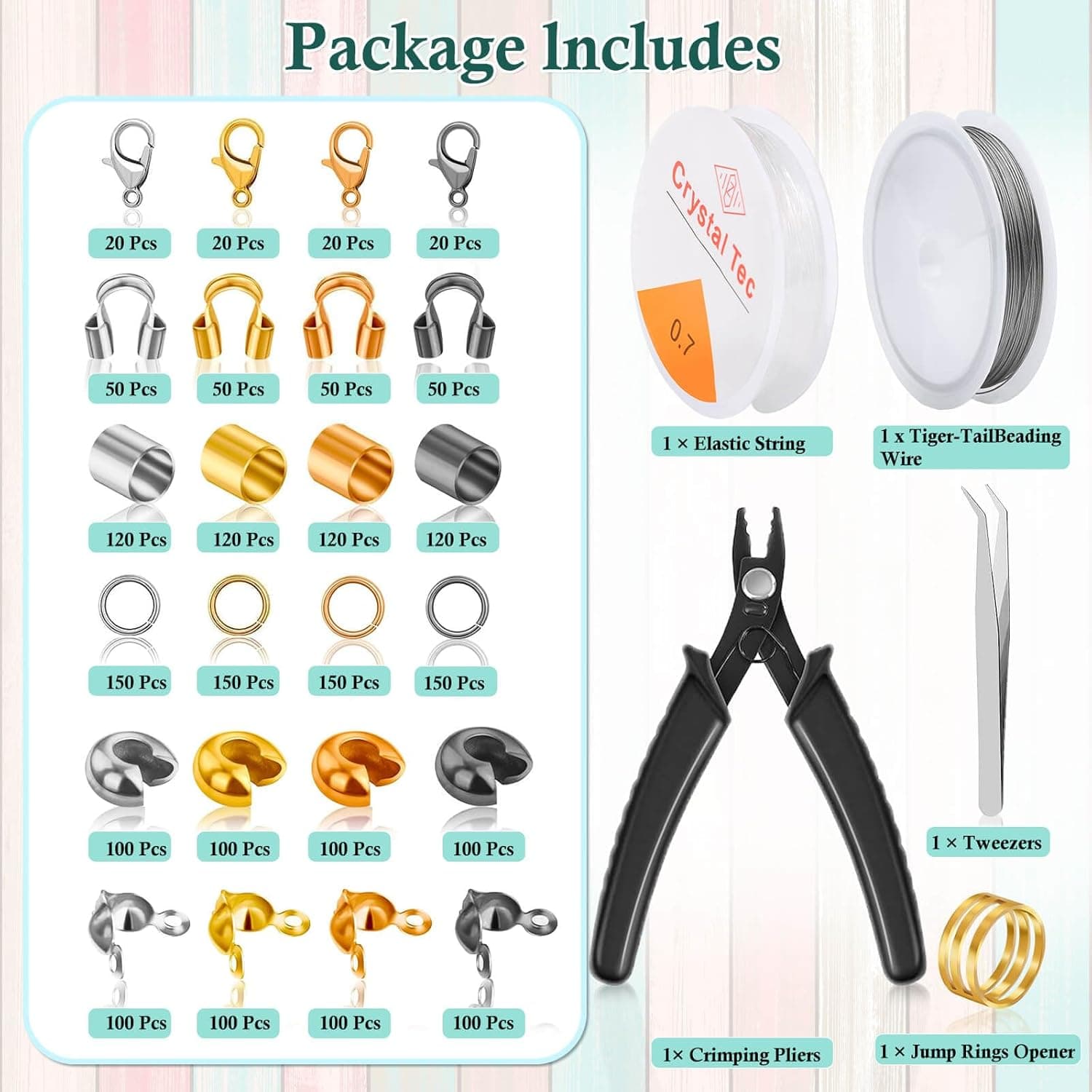 Acejoz 2160 Pieces Crimp Beads Kit for Jewelry Making, Knot Covers, Crimp Bead Covers, Crimp Tubes, Jump Rings and Wire Guardians with Crimping Pliers, Elastic String for Bracelets Necklaces Making - Image 3