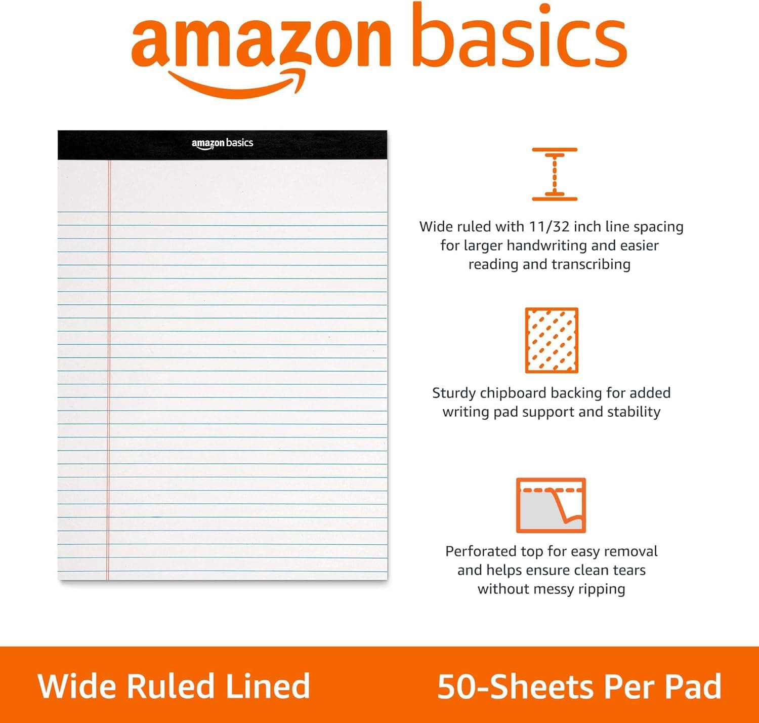 Amazon Basics Wide Ruled Lined Writing Note Pads, 8.5 inch x 11.75 inch, White, 12 Count (12 Pack of 50) White 8.5-Inch by 11.75-Inch - Image 2