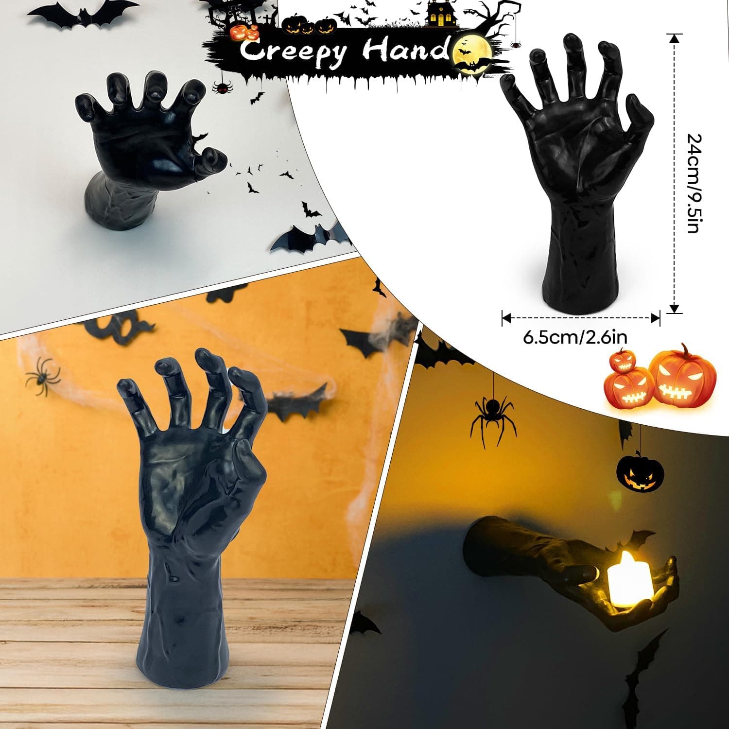 Halloween Decor Indoor, 4 Packs Creepy Reaching Hands with LED Candles, Life-Sized Gothic Wall Decor for Horror, Spooky Halloween Decorations for Home, Party, Goth & Dark Academia Style - Image 9