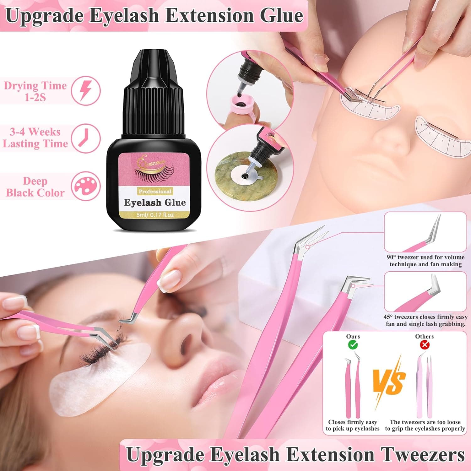 Lashes Kit for Eyelash Extension Beginner Lash Tech Starter Kit with Eye Lash Mannequin Head, Professional Eyelash Extension Kit with Lash Fan, Extension Glue and Eyelash Remover for Practice Training Pink - Image 4