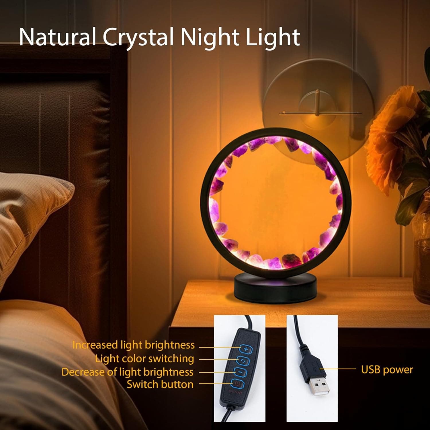 Runyangshi Amethyst Night Lamp 8.6" Natural Healing Crystal Bedside Lamp USB Port 3 Colours Dimming Mode Bedroom Lamp Suitable Night Light for Living Room Bedroom Office Home Decor Ideal Gift Amethyst Round - Image 6