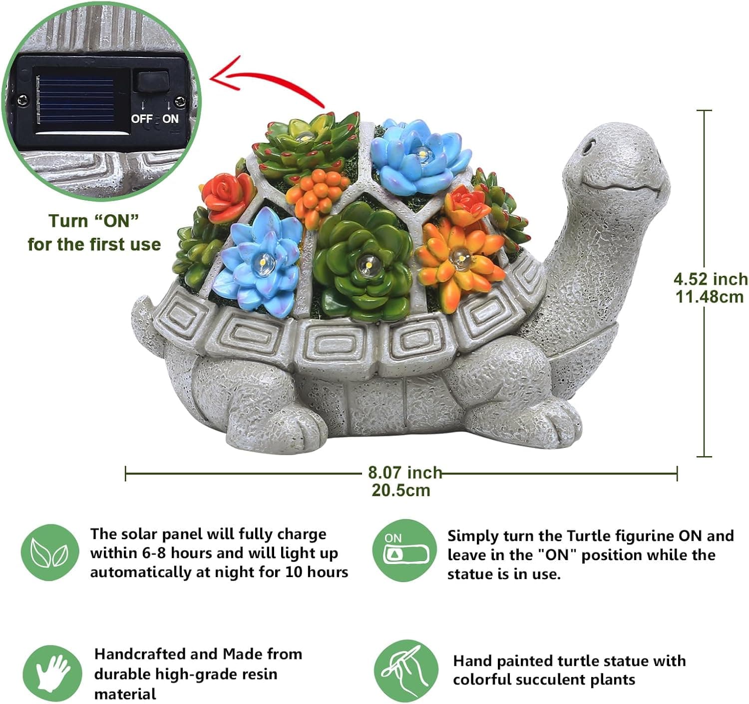 Nacome Solar Garden Outdoor Statues Turtle with Succulent and 7 LED Lights - Lawn Decor Tortoise Statue for Patio, Balcony, Yard Ornament - Chrismtas Gifts for Mom Grandma Grey Turtle - Image 4