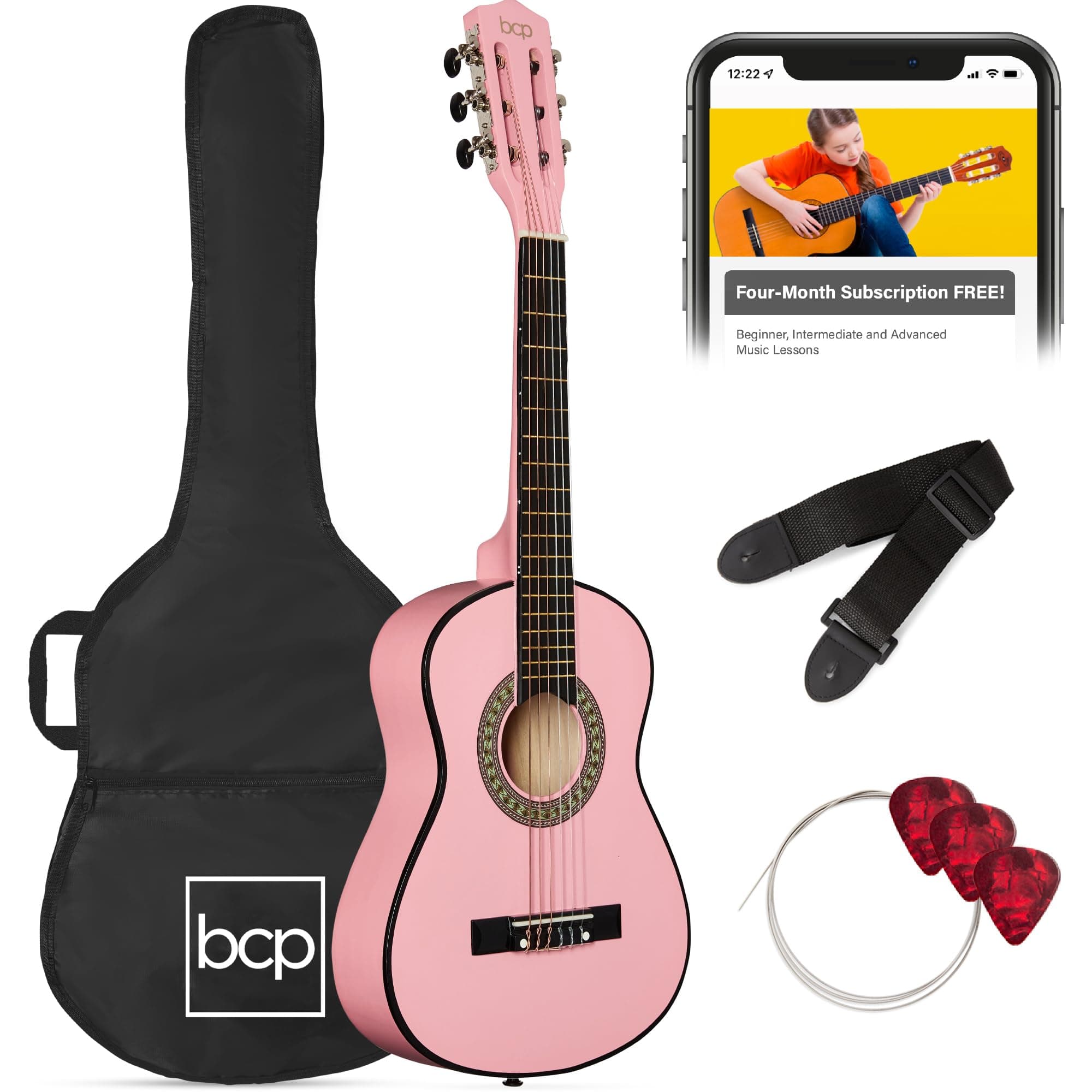 Best Choice Products 30in Kids Acoustic Guitar, All-in-One Beginner Starter Kit w/Strap, Case, Extra Strings, Rosette Inlay - Pink Pink 30in