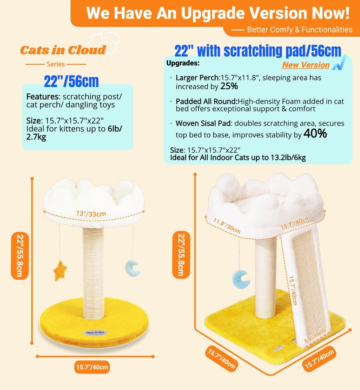 Happi N Pets Cloud Cat Tree, Cat Scratching Post with Bed, Small Cat Tree for Kittens, Cat Scratch Post with Cloud-Shaped Soft Perch & Cute Toys, Removeable Cover, Bonus Catnip 22" - Image 3