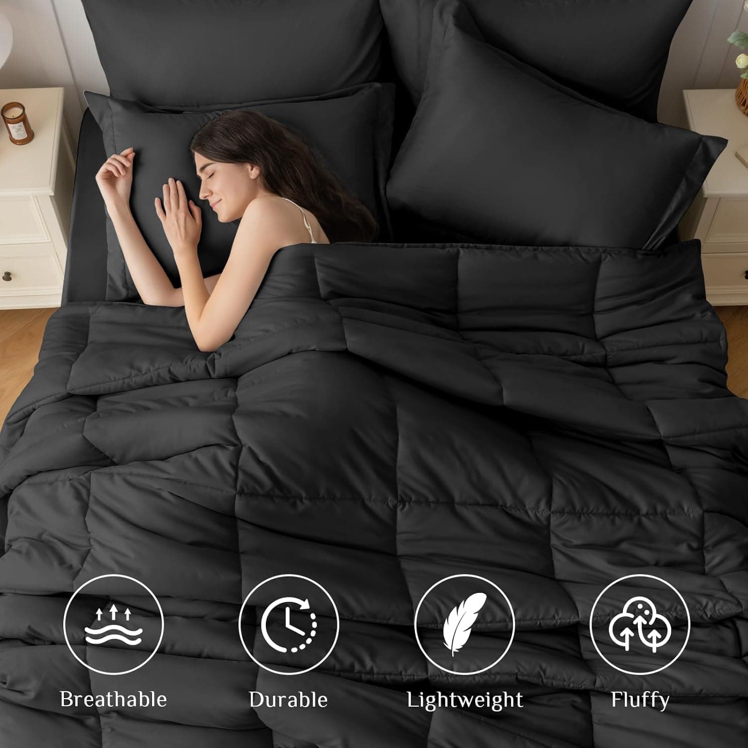 JOLLYVOGUE Queen Comforter Set, Ultra-Soft Bed in a Bag Queen Size 7 Pieces, Oeko-TEX Certified Bedding Set with Down Alternative Comforter, Sheets, Pillowcases & Shams, Black Black QUEEN(88"*88") - Image 2