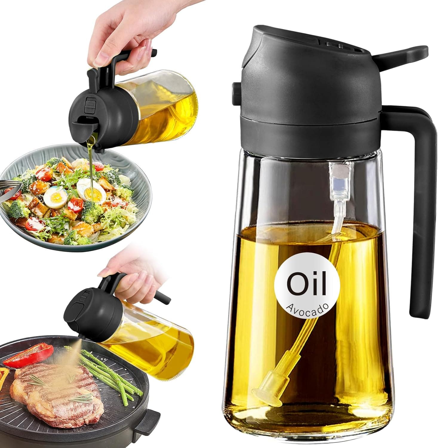 YARRAMATE Oil Sprayer for Cooking, 2 in 1 Olive Oil Dispenser Bottle for Kitchen, 16oz/470ml Premium Glass Oil Bottle, Food-grade Oil Mister for Air Fryer, Salad, Frying, BBQ (Black)