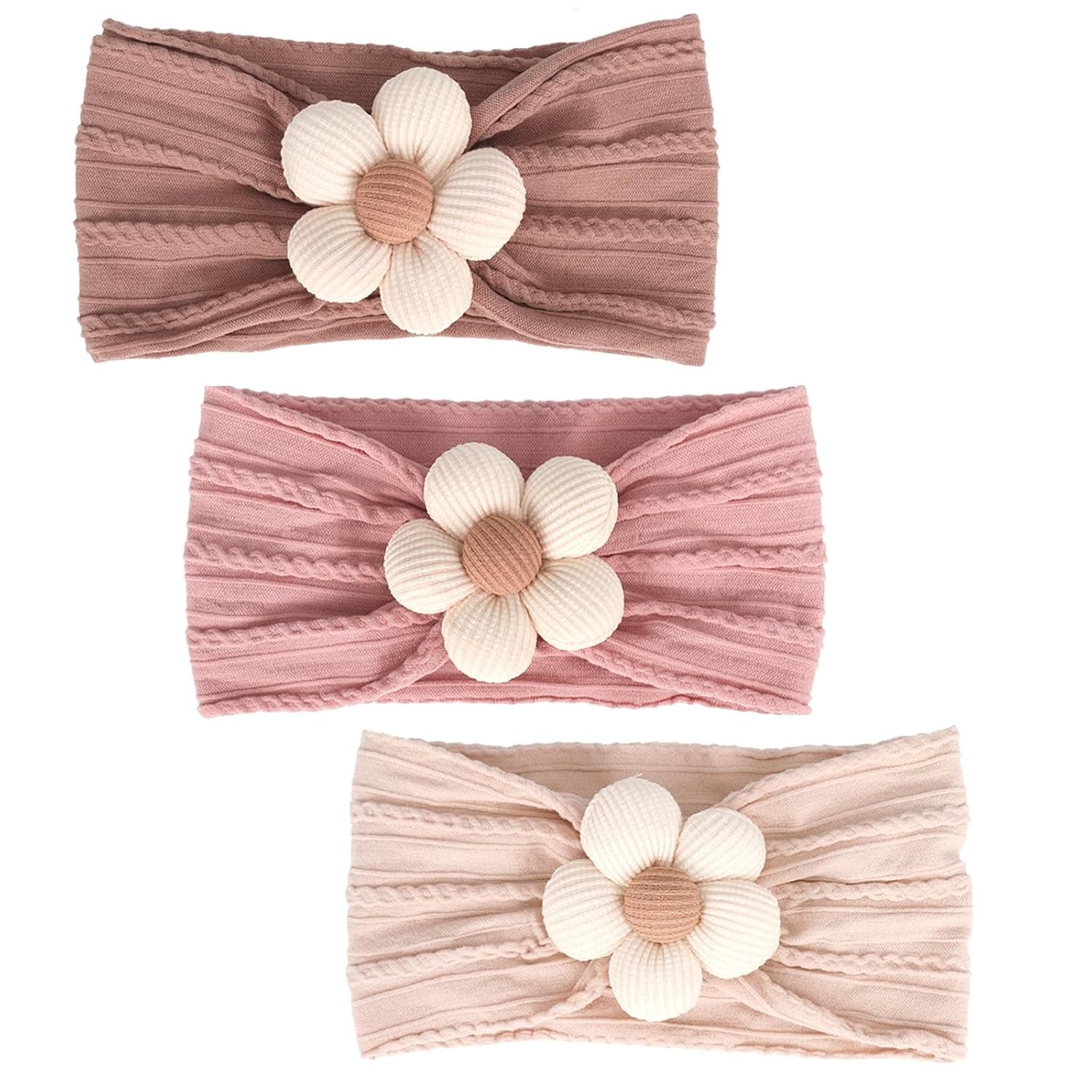 3 Pcs Baby Flower Headbands Baby Girls Nylon Headband Soft Hairbands Hair Accessories for Newborn Infant Toddler Kids (Beige Pink Khaki) - Image 2