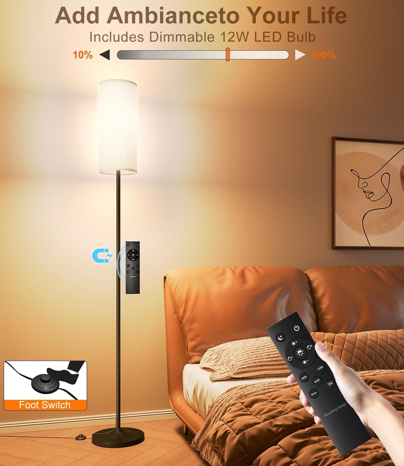 luckystyle Dimmable Floor Standing Tall Lamp, 12W Led Bulb with Lampshade, Foot Switch, Remote Custom Color Temperature Pole for Bedroom, Office, Kids & Living Room, Black - Image 3