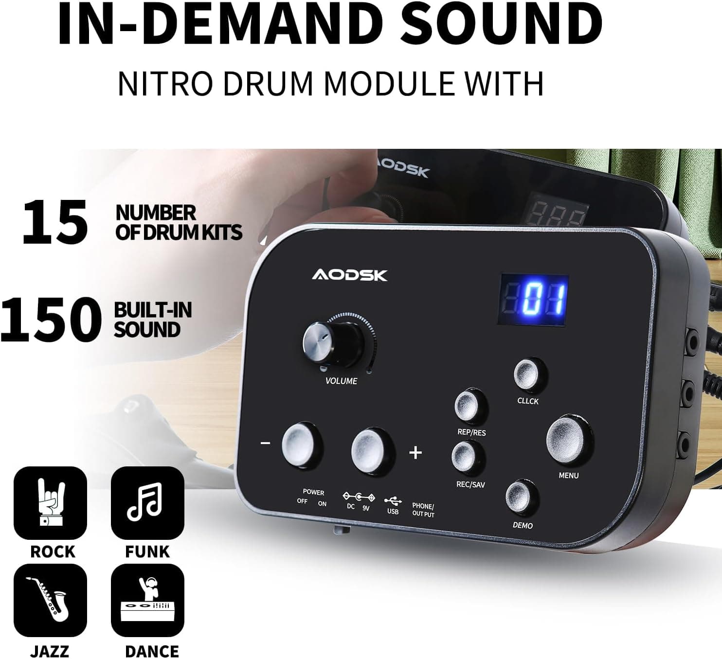 Juego de Batería Eléctrica AODSK para Principiantes con 150 Sonidos, 4 Pads de Batería Silenciosos, 2 Pedales, Silla, Baquetas, Batería Electrónica con Auriculares, AED-400 - Image 3