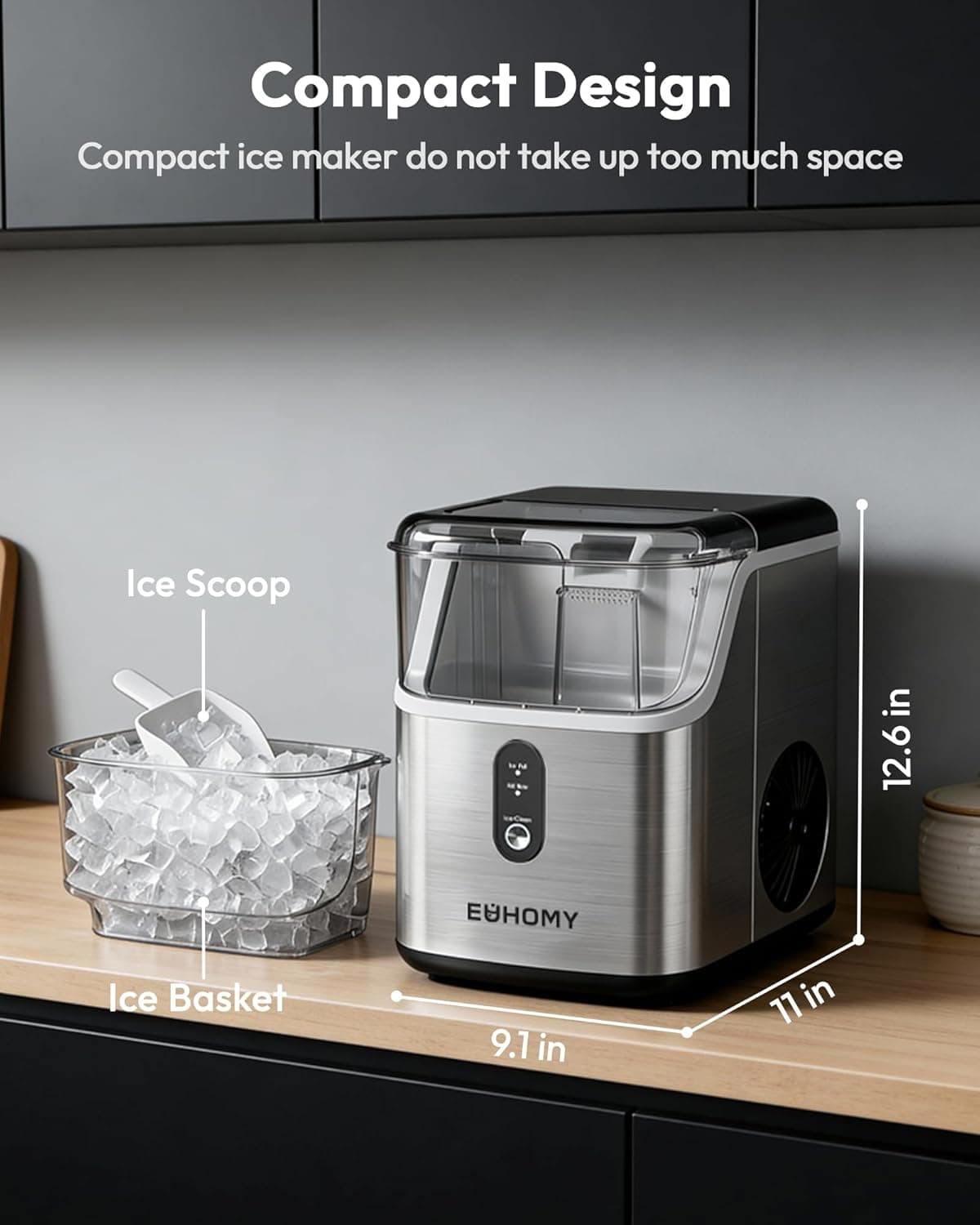 EUHOMY Nugget Ice Maker Countertop, Ready in 7 Mins, 34Lbs/24H Pebble Ice Maker Machine, Self-Cleaning Countertop Sonic Ice Makers with Ice Scoop&Basket, Pellet Ice Maker for Home, Stainless Steel Stainless Steel 34LBS/Day - Image 6