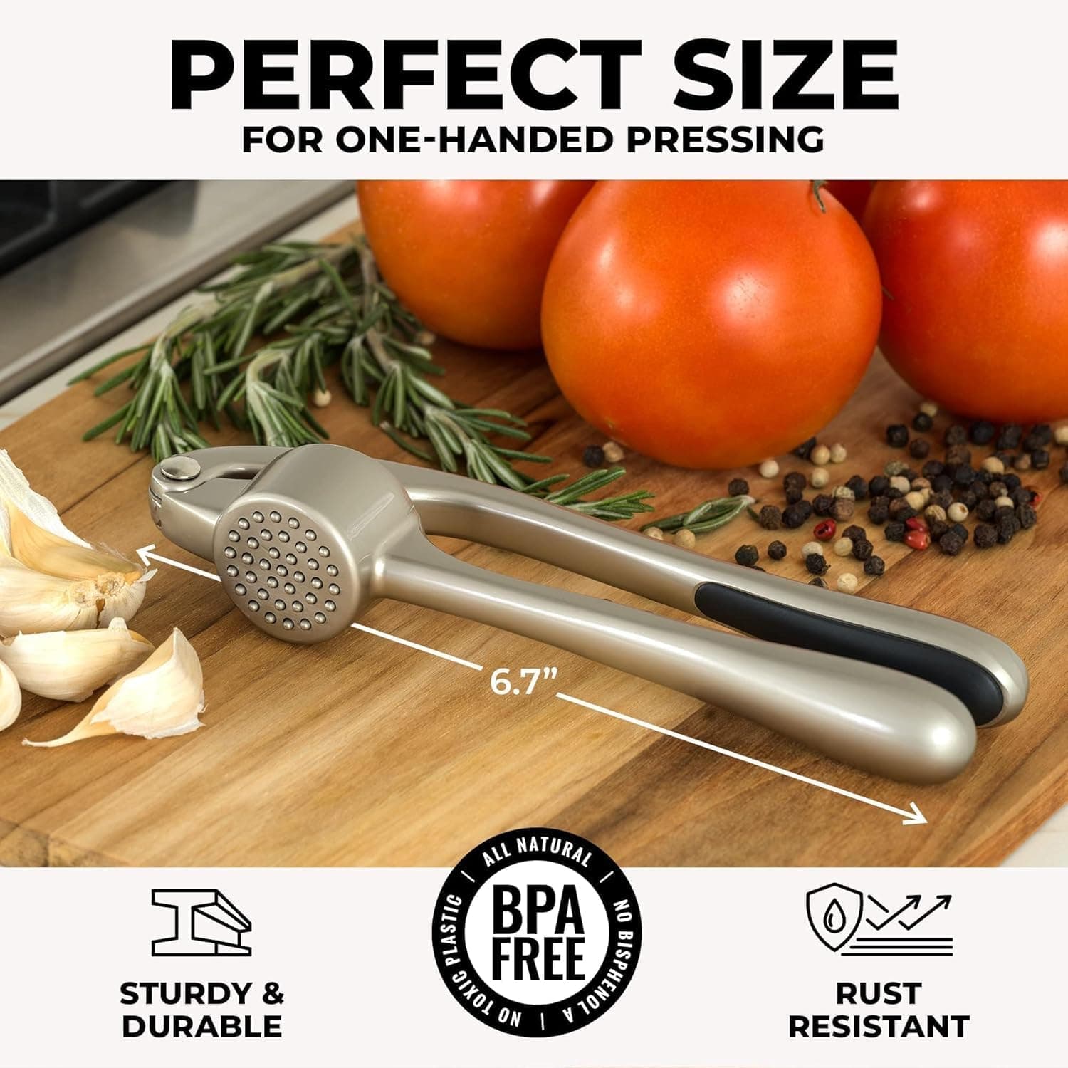 Zulay Kitchen Premium Garlic Press Set - Rust Proof & Dishwasher Safe Professional Garlic Mincer Tool - Easy-Squeeze, Easy-Clean with Soft, Ergonomic Handle - Silicone Garlic Peeler & Brush (Silver) Large Silver - Image 4