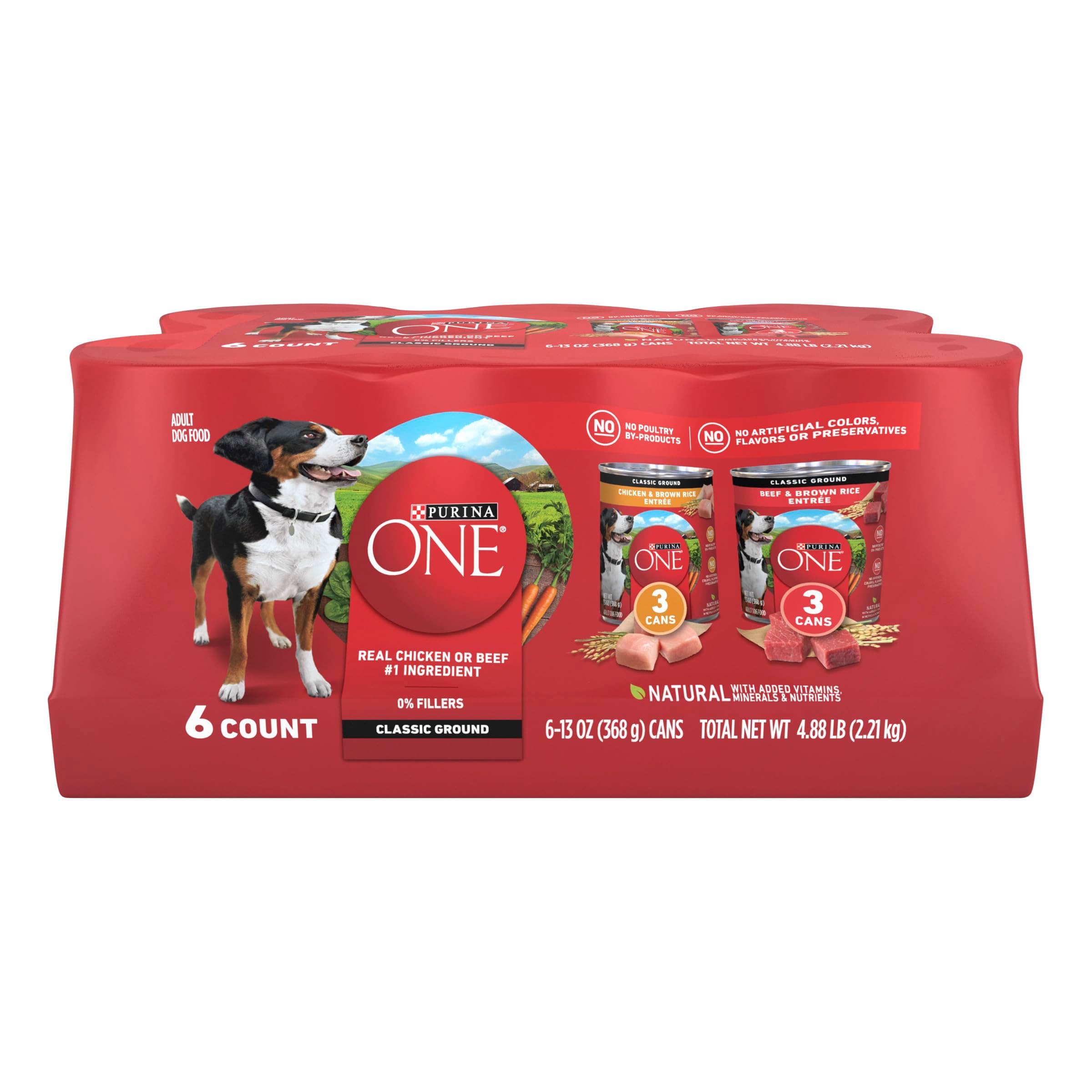Purina ONE Classic Ground Chicken and Brown Rice, and Beef and Brown Rice Entrees Wet Dog Food Variety Pack - (Pack of 6) 13 oz. Cans Chicken, Beef 13 Ounce (Pack of 6)