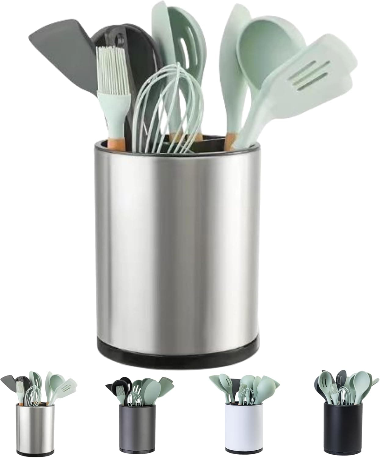 Kitchen Utensil Holder Extra Large 360°Rotating For Counter Organizer Stainless Steel Storage Cooking Silverware Caddy 3 Compartment Flatware Spoon Spatula Tool Cutlery Container（Silvery） Large silvery - Image 2