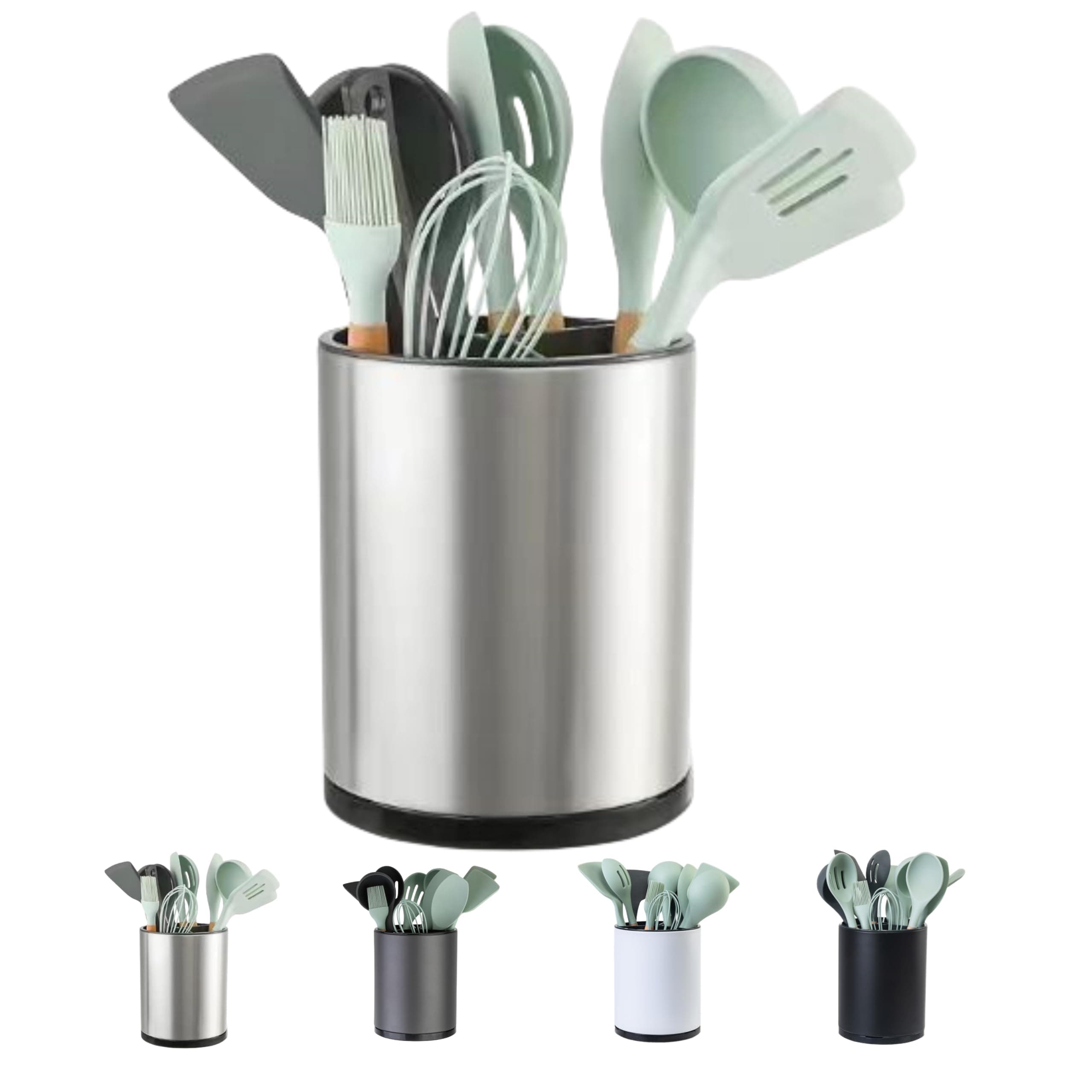 Kitchen Utensil Holder Extra Large 360°Rotating For Counter Organizer Stainless Steel Storage Cooking Silverware Caddy 3 Compartment Flatware Spoon Spatula Tool Cutlery Container（Silvery） Large silvery