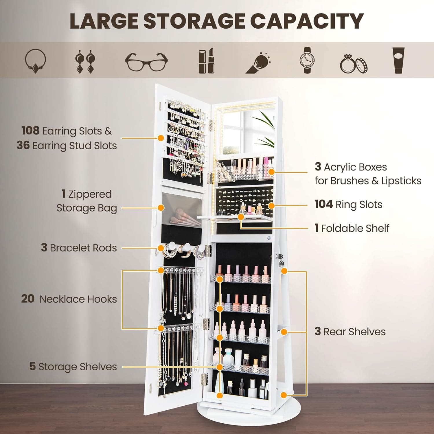 CHARMAID 360° Rotating Jewelry Armoire with LED Lighted Full Length Mirror & Built-in Vanity Mirror, Lockable Standing Jewelry Cabinet with Lights, Large Storage Organizer for Jewelry (White) White 63"H with LED Mirror - Image 5