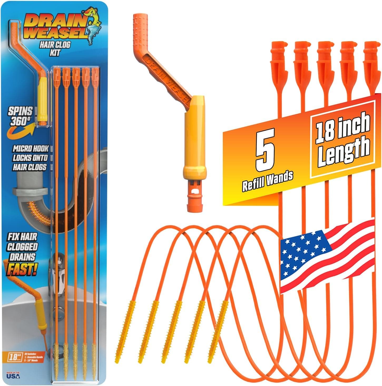 FlexiSnake Drain Weasel Sink Snake Hair Clog Remover Tool, Pipe, Bathroom, Bathtub Cleaner, 18-inch, Made in the USA, 5 Wands and Removable Handle 5 Pack - Image 2