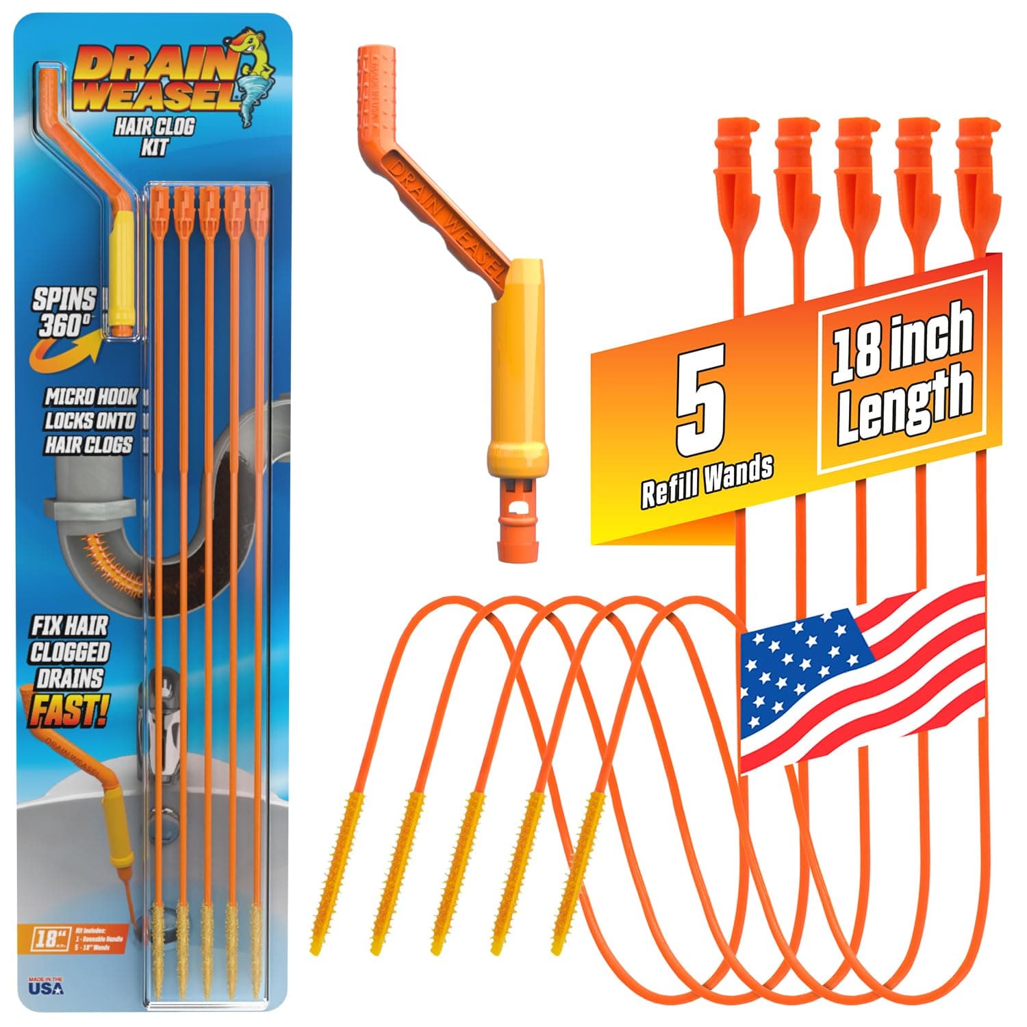 FlexiSnake Drain Weasel Sink Snake Hair Clog Remover Tool, Pipe, Bathroom, Bathtub Cleaner, 18-inch, Made in the USA, 5 Wands and Removable Handle 5 Pack