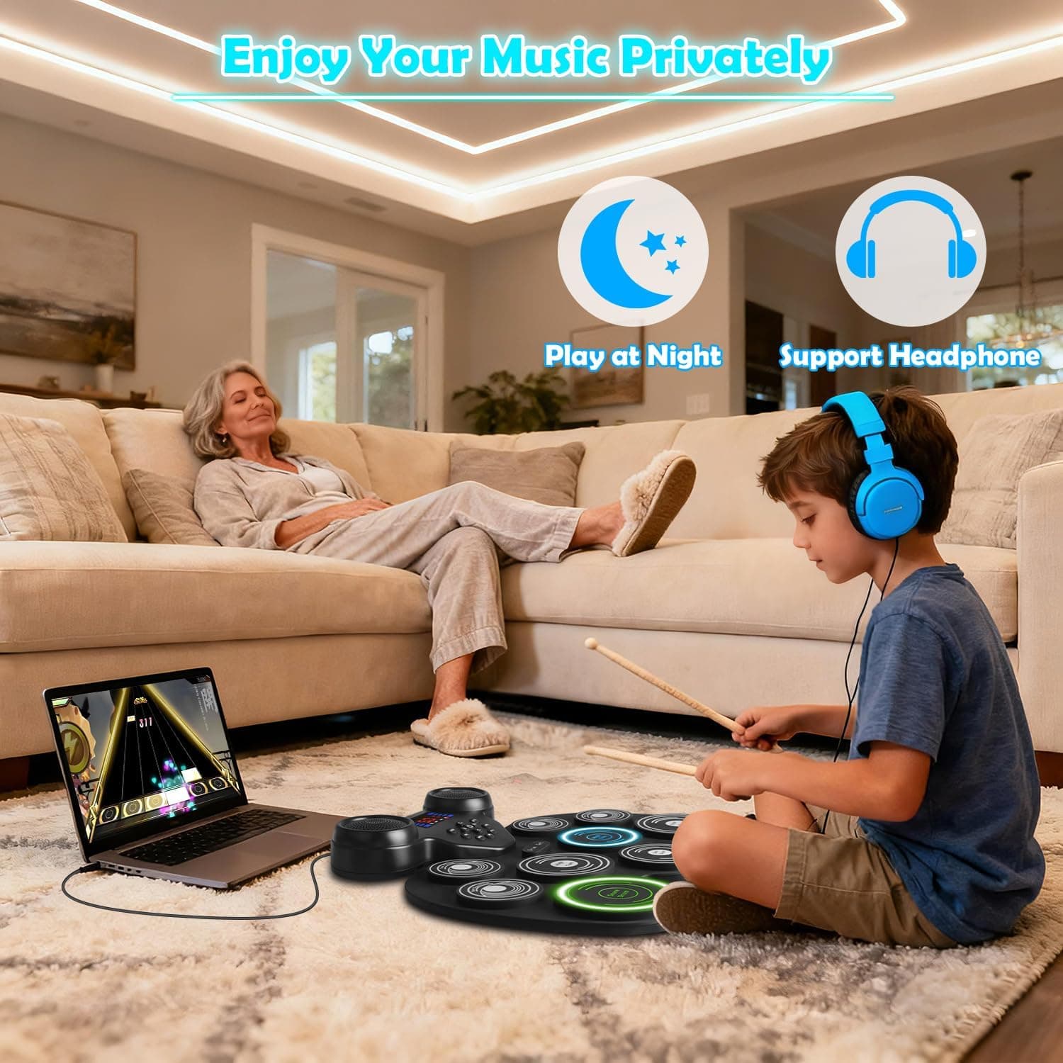 Electric Drum Set with 7-Color Dynamic LED Lights, 9-Pad Electronic Drum Set with Dual Speakers, Bluetooth MIDI, Portable Practice Drum Pad for Kids & Adult Beginners, Christmas Birthday Gift 7-Color LED Light - Image 4