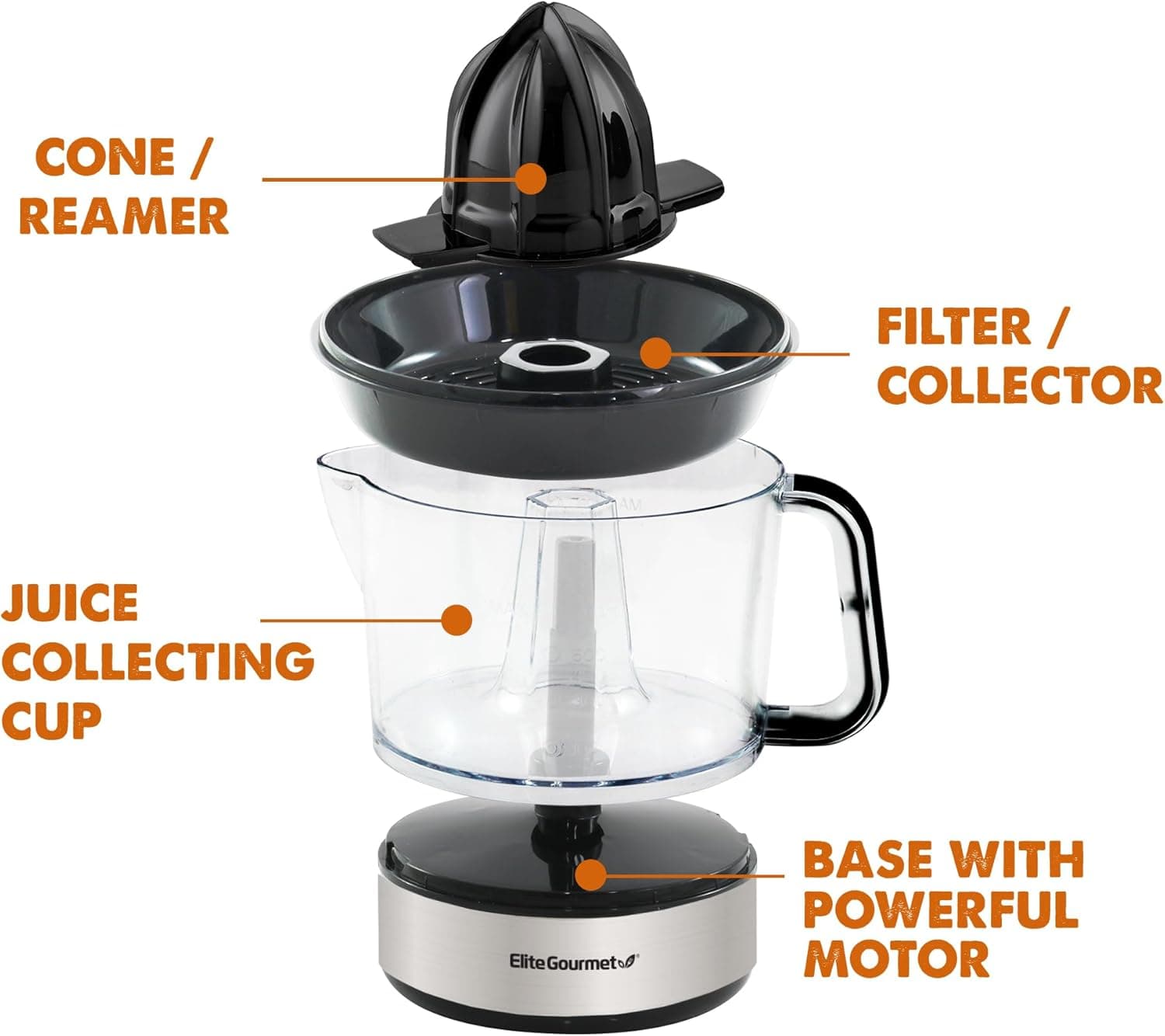 Elite Gourmet ETS623 BPA-Free Electric Citrus Juicer, Compact, Large Volume, Pulp Control, Oranges, Lemons, Limes, Grapefruits with Easy Pour Spout, 24oz, Black/Stainless Steel - Image 3