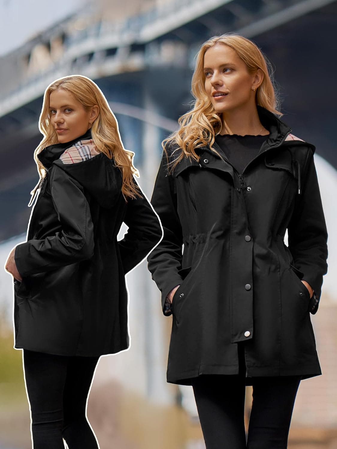 SaphiRose Women's Long Hooded Rain Jacket Outdoor Raincoat Windbreaker Medium Black - Image 5