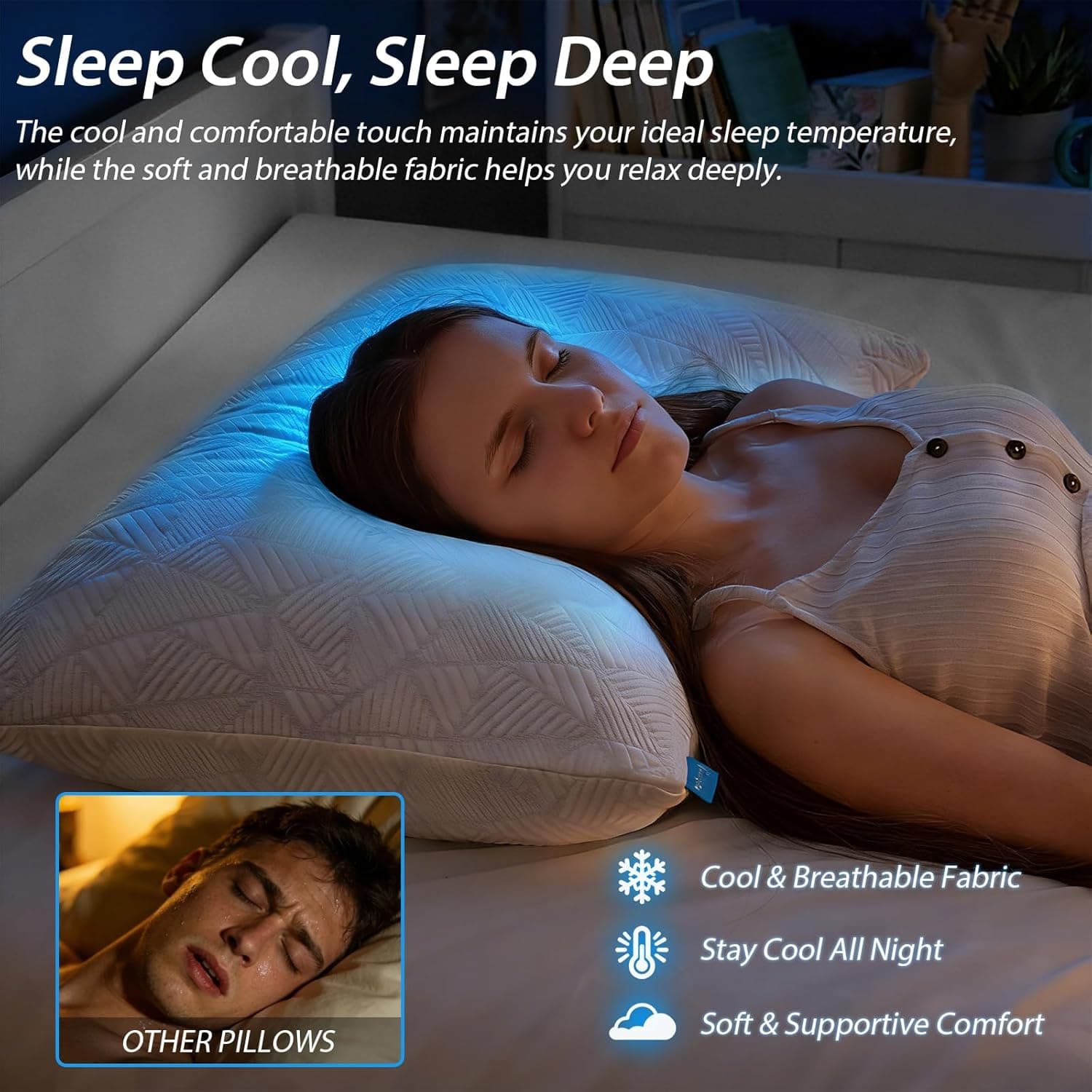 BETU Cooling Pillow Queen Size, Shredded Memory Foam Cool Pillow for Hot Sleepers, Adjustable Firm Soft Support Bed Pillows Perfect for Back Neck Pain and Side Sleeping with Pillow Case Cover, White Queen (1 Count) White - Image 4